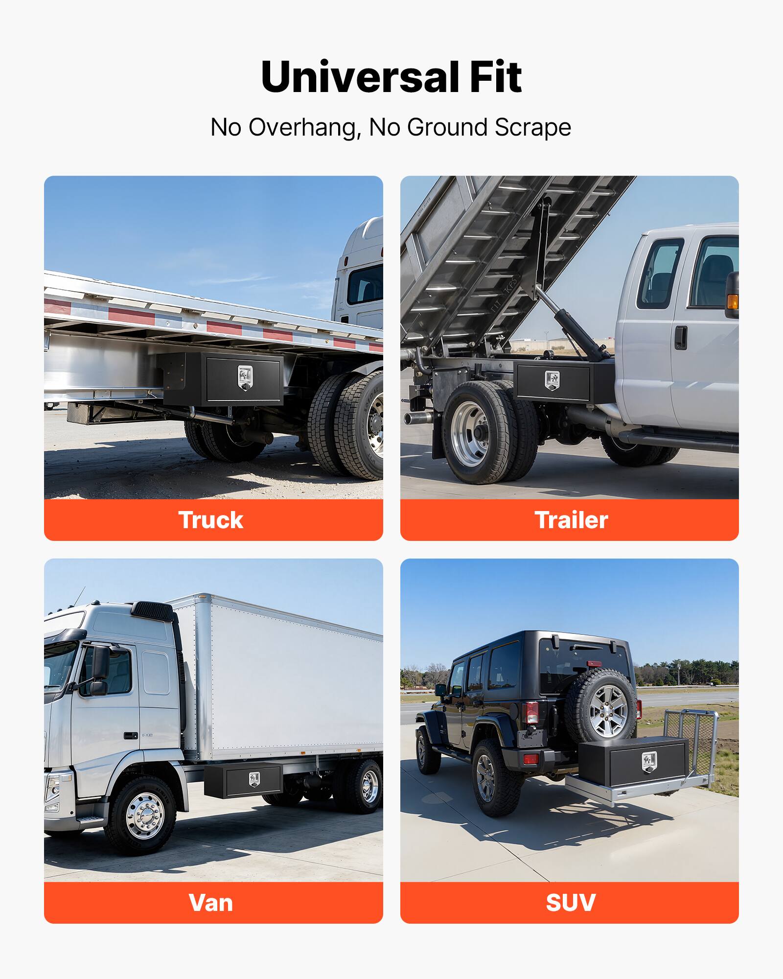 Universal Fit  
No Overhang, No Ground Scrape  

Truck  
Trailer  
Van  
SUV