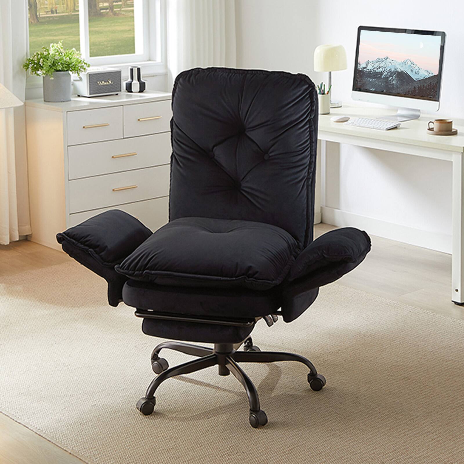 Alt View 4. Bestier - Cross Legged Executive Office Chair, Velvet Ergonomic Desk Chair with Flip-Up Arms, Retractable Footrest & Side Pockets - Black Suede.