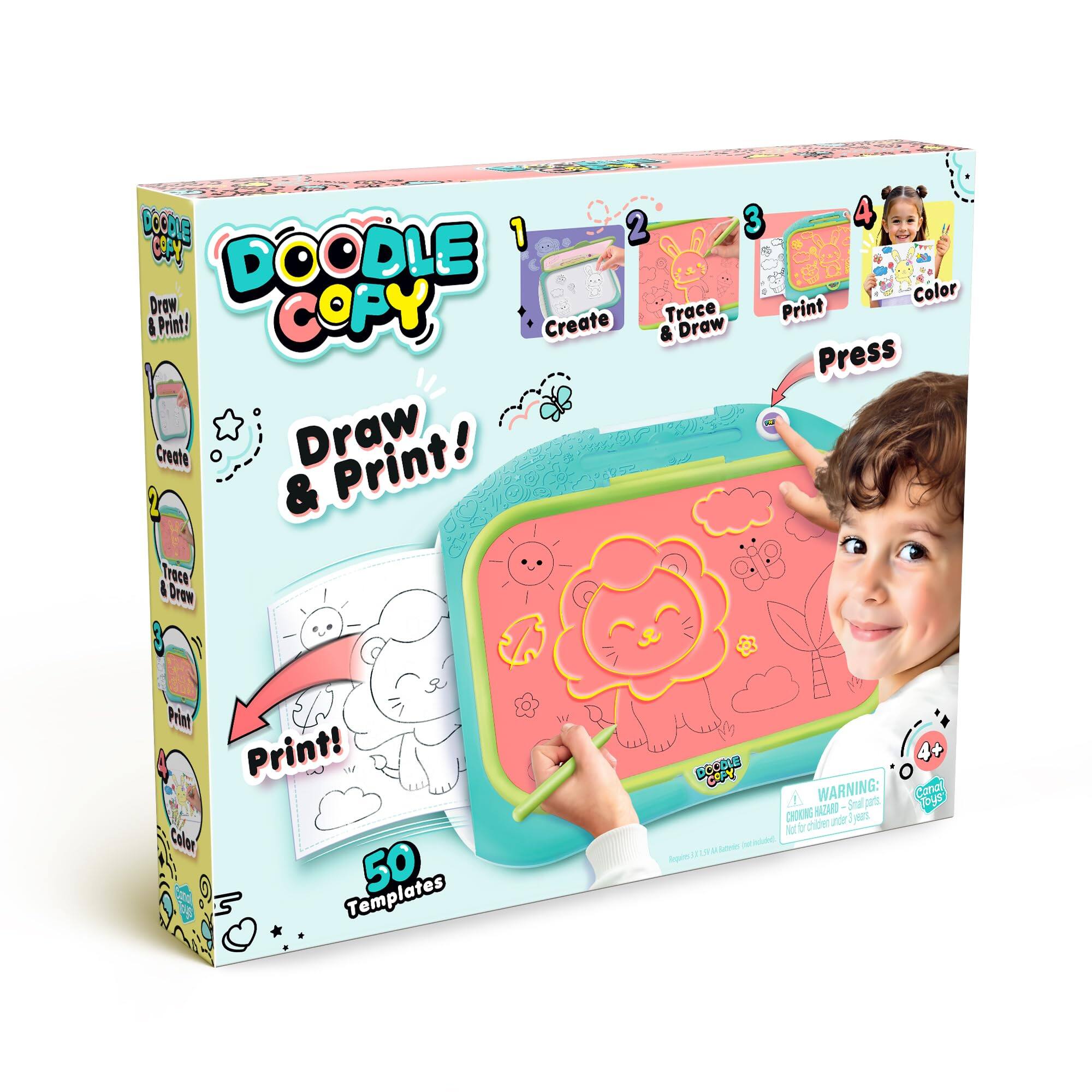 DOODLE COPY  
Draw & Print!  

1. Create  
2. Trace & Draw  
3. Print  
4. Color  

Press  

50 Templates  

WARNING: CHOKING HAZARD - Small parts. Not for children under 3 years.  

Ages 4+
