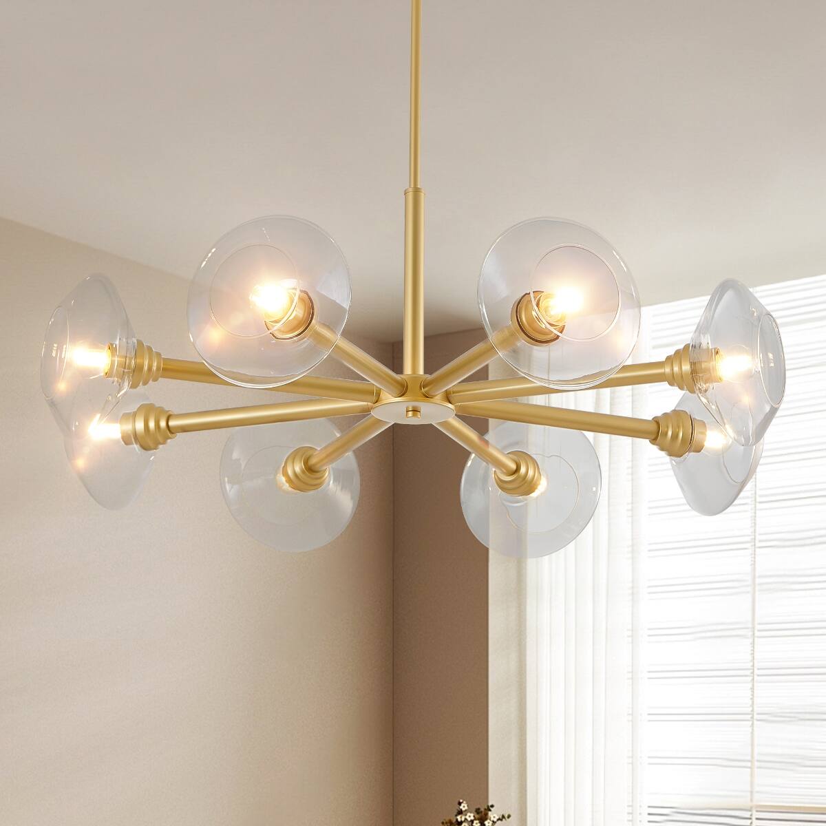 Left. Loheer - Loheer 36 inch Gold Sputnik Chandelier Eight Light Mid Century Modern Pendant with Clear Glass Shades.
