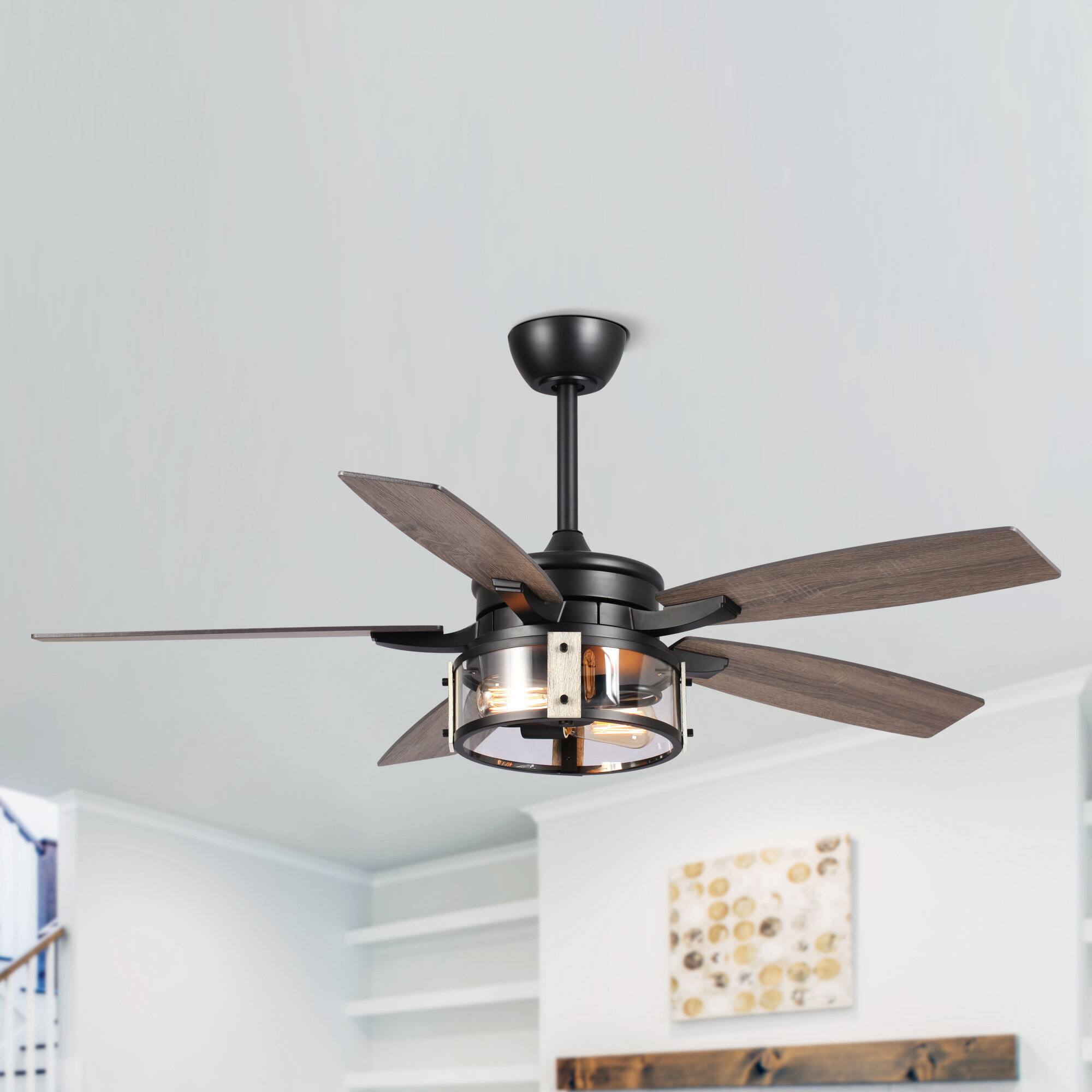 Angle. Parrot Uncle - 52" Rustic Black Wood 5-Blade Indoor Ceiling Fan with Remote and Light Kit - Black.