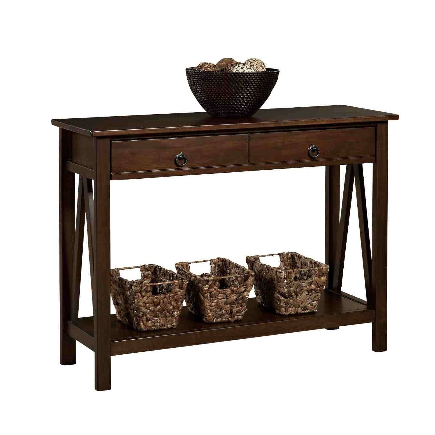Left. SlickBlue - Stylish Tobacco 2-Drawer Console Table with Storage Shelf - Brown.