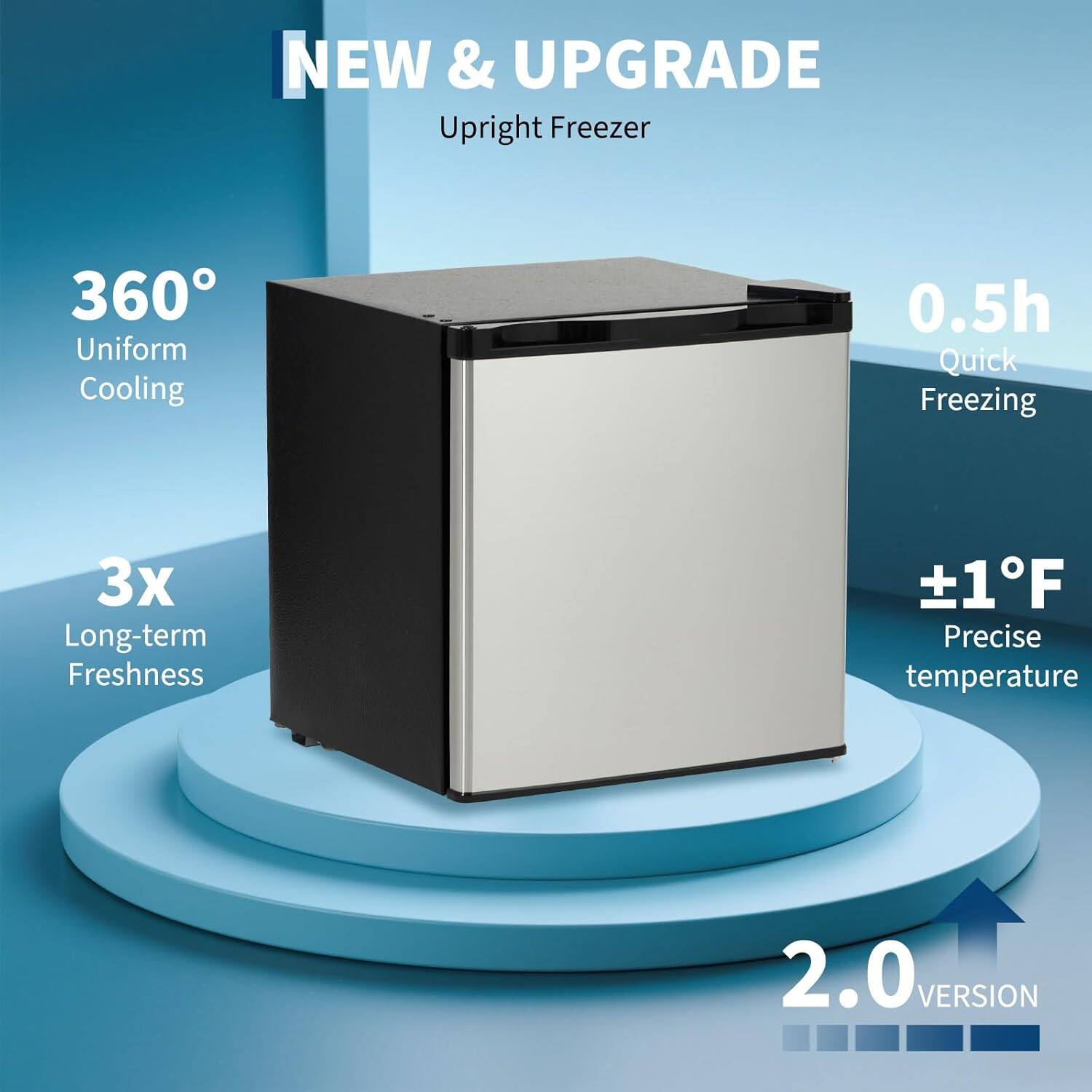 NEW & UPGRADE  
Upright Freezer  

360° Uniform Cooling  
0.5h Quick Freezing  
3x Long-term Freshness  
±1°F Precise temperature  
2.0 VERSION