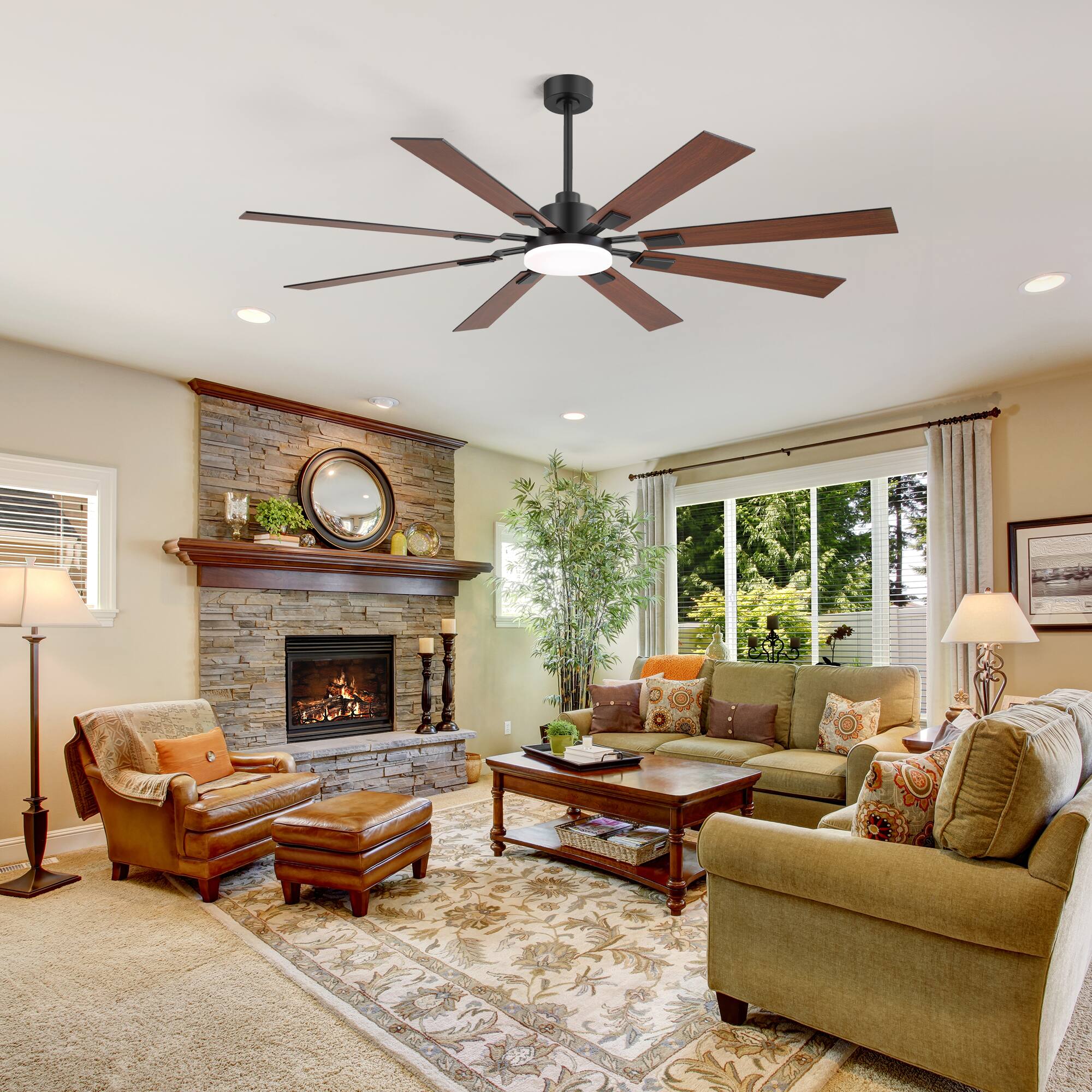 Alt View 1. Breezary - Breezary 72'' Ceiling Fan with 8 Plywood Blades, 3-Color Light, 6-Speed DC Motor, 6"/20" Downrods, Remote with Timer - Matte Black and Dark Wood Grain.