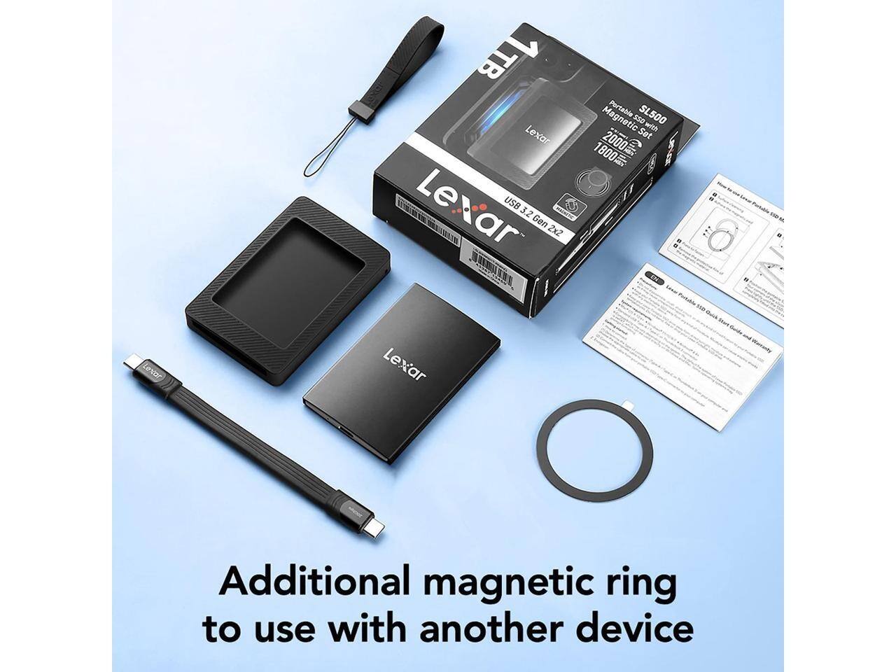 Lexar TB Lexar Lexar Le USB 3.2 Gen 2x2 SAN Lexar Portable SL500 Magnetic SSD Set with - 1800 2000 Partuble PM D IN Fa Funtubile 0u Start Geine and Warranty Additional magnetic ring to use with another device