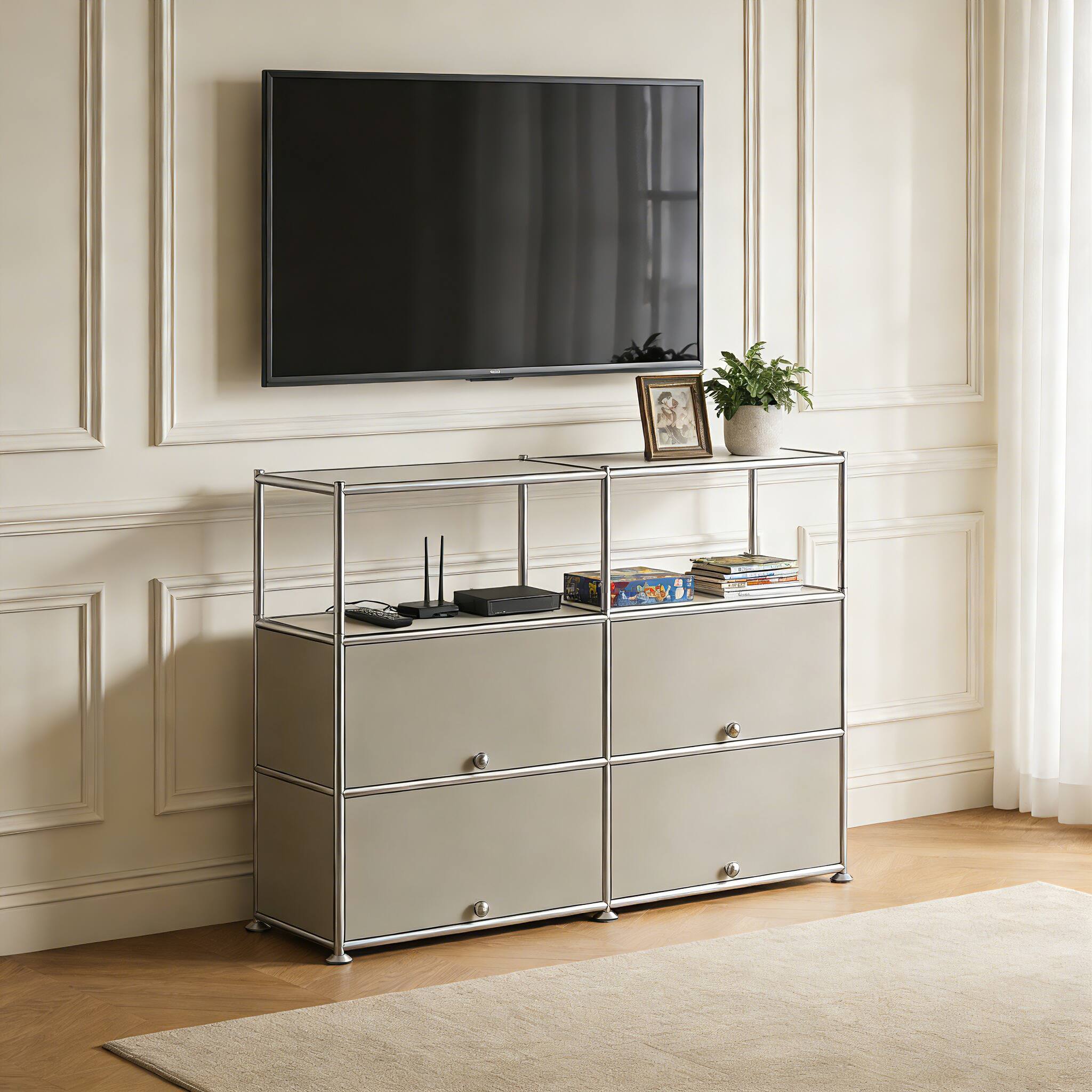 Back. Malletson - Modular Metal Sideboard Buffet Storage Cabinet with Open Shelf, Modern Twin-Row Grid Cabinet for Dining or Living Room - Grey.