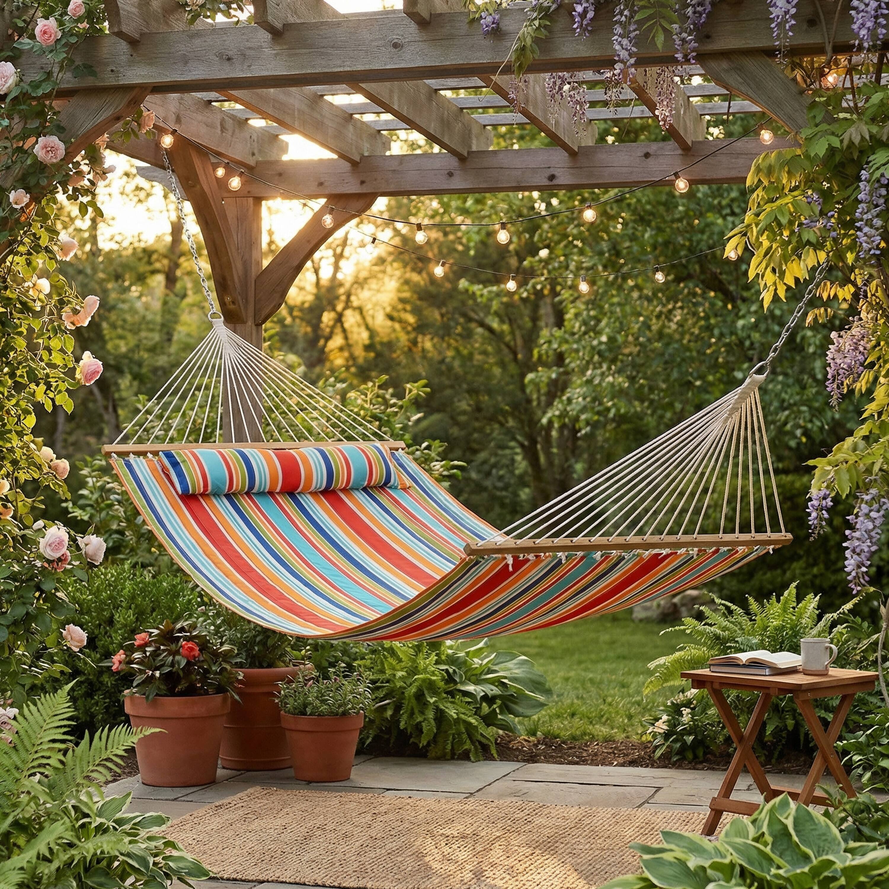 Alt View 7. Sunnydaze - Large Quilted Fabric Hammock with Spreader Bar and Pillow - Caribbean Stripe.