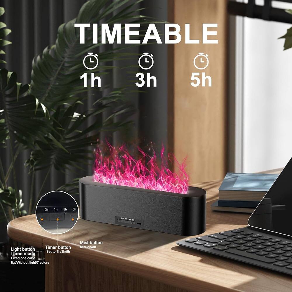 TIMEABLE  
1h 3h 5h  

Timer button: Set to 1h/3h/5h  
Light button: Three mode - Fixed one color light/Without light/7 colors  
Mist button: Mist on/off