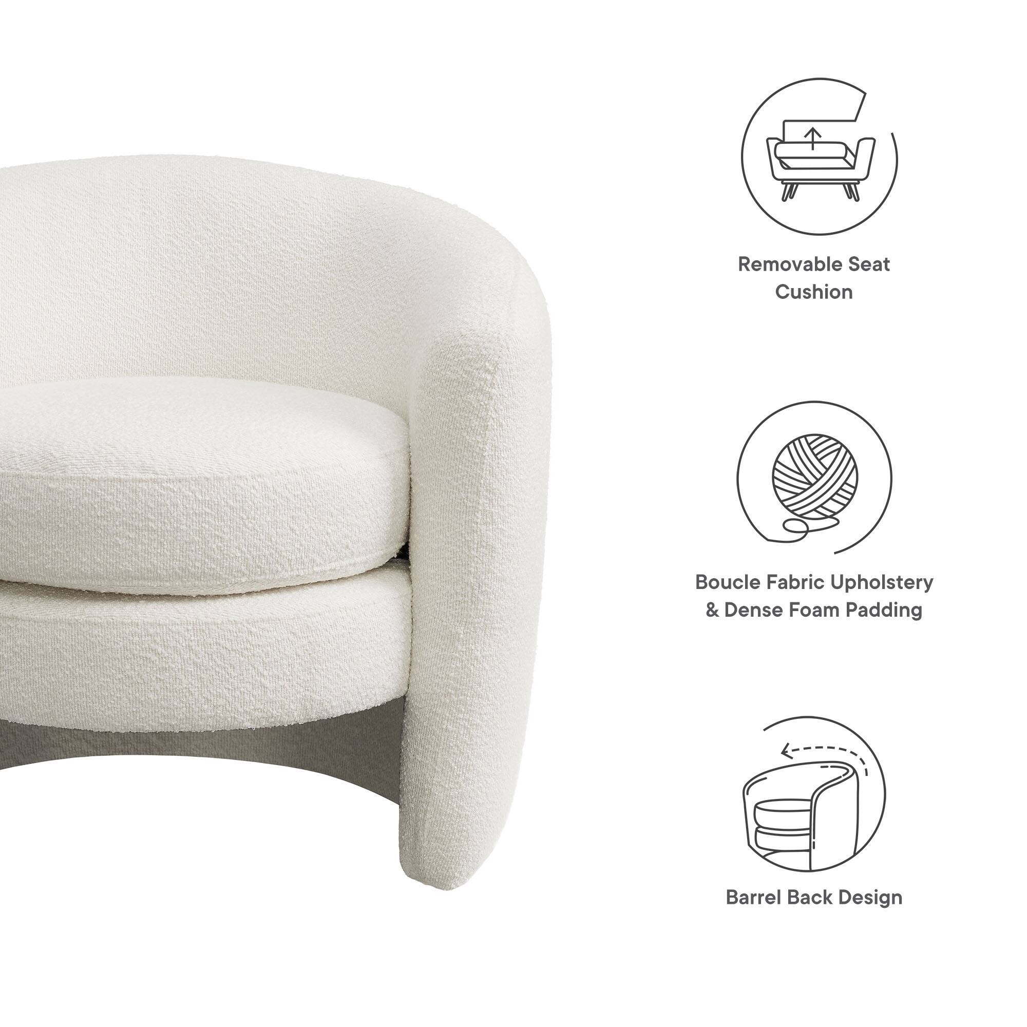 - Removable Seat Cushion
- Boucle Fabric Upholstery & Dense Foam Padding
- Barrel Back Design