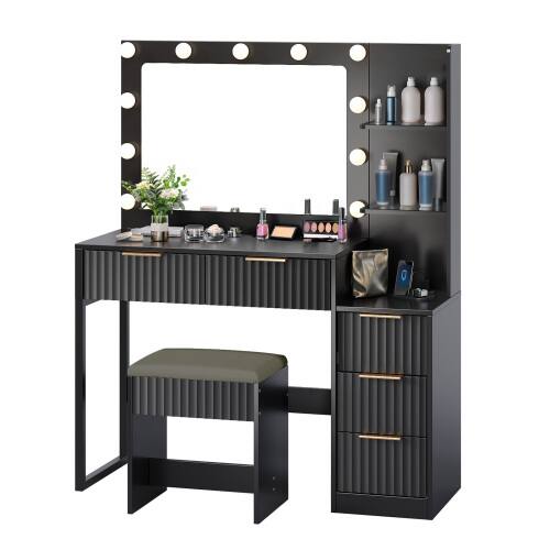 Alt View 1. Winado - Fluted Vanity Desk with Lights & Power Outlet Drawer Makeup Dressing Table with 3 Color Mirror & Side Storage Shelves - Black.