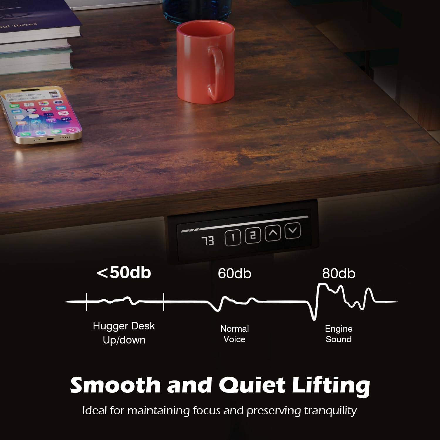 Hugger Desk Up/down  
<50db  
Normal Voice  
60db  
Engine Sound  
80db  

Smooth and Quiet Lifting  
Ideal for maintaining focus and preserving tranquility