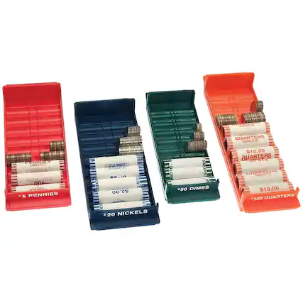 QUARTERS
PENNIES
5 PENNIES
50c
20 NICKELS
25c
50 DIMES
10c
100 QUARTERS
25c