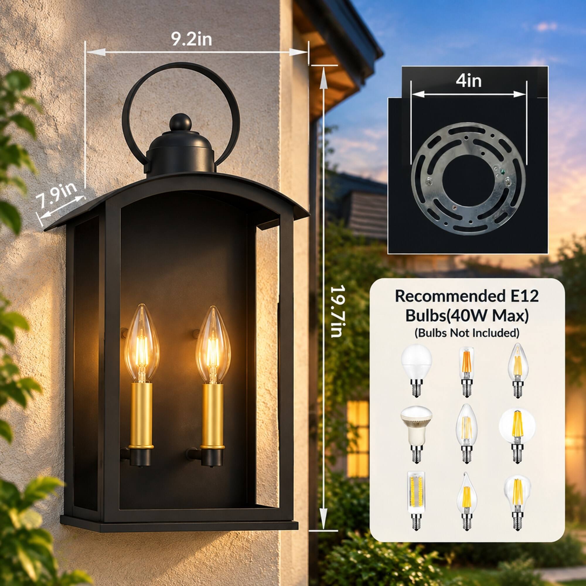 9.2in  
4in  
7.9in  
19.7in  
Recommended E12 Bulbs (40W Max) (Bulbs Not Included)
