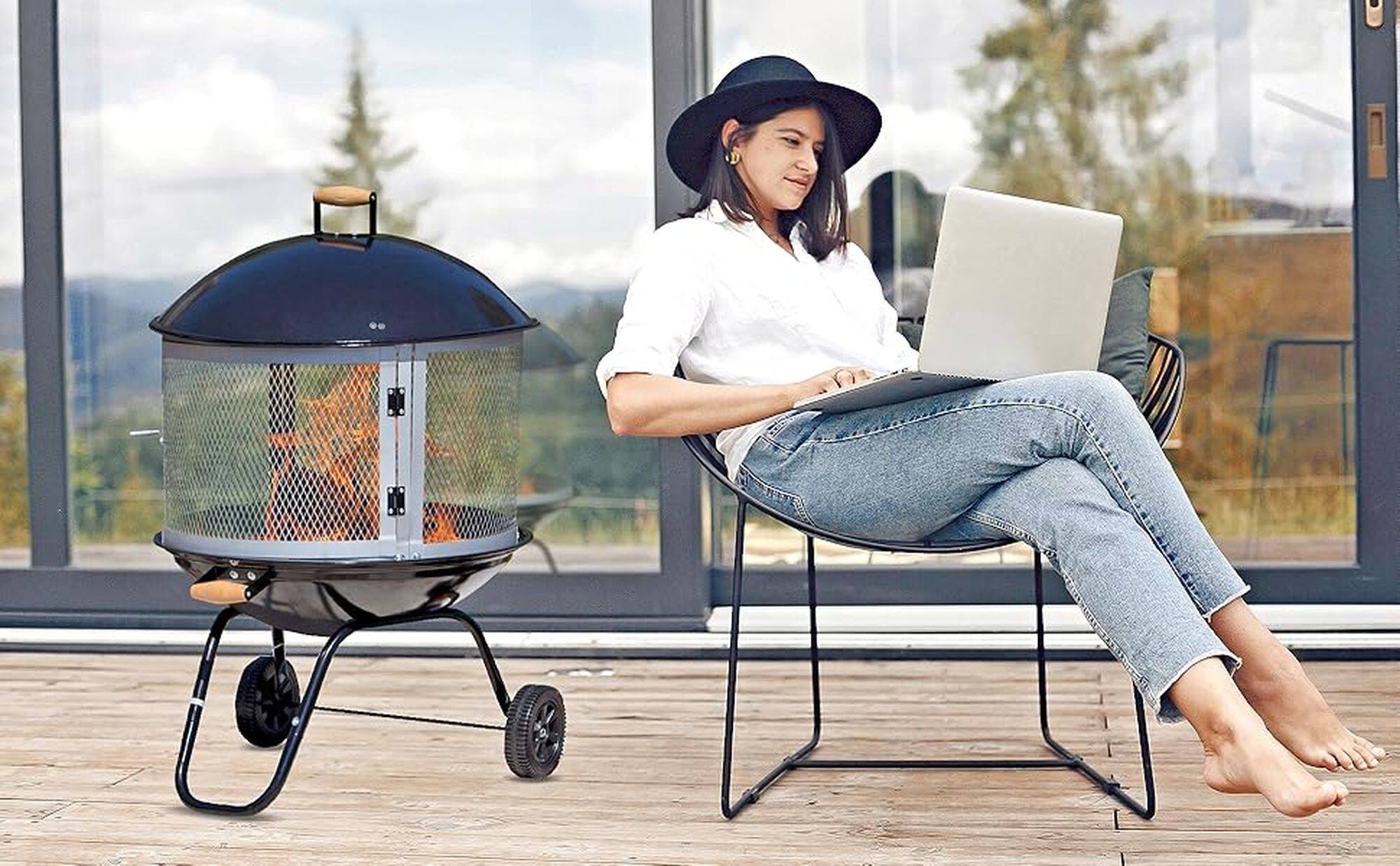 Alt View 20. Fire Sense - Fire Sense Fire Pit Bessemer Rolling Patio Fireplace Wooden Bonfire Porcelain Enamel Wood Burning with Wheels & Handle - Black.