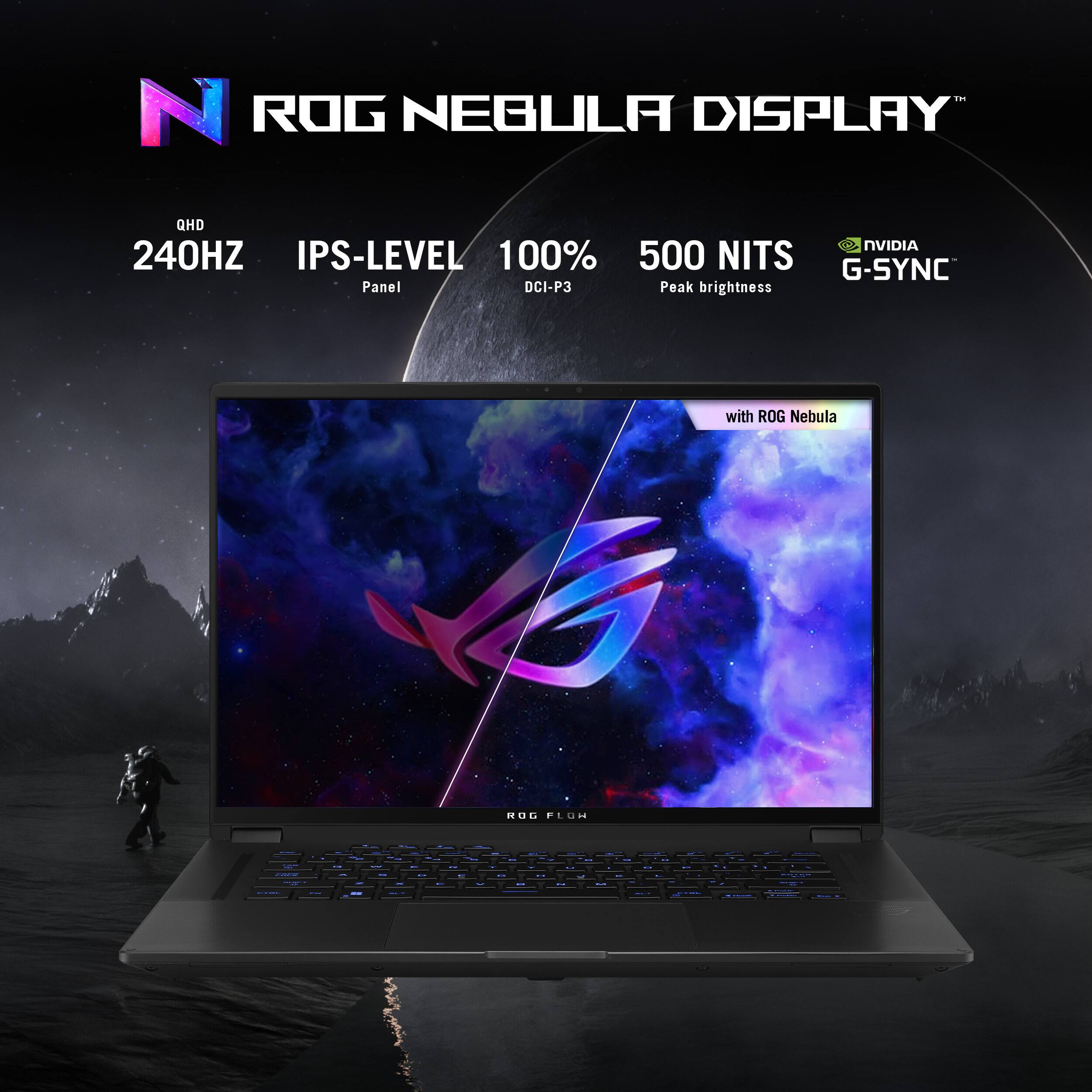 N ROG NEGULA DISPLAY QHD NVIDIA 240HZ IPS-LEVEL 100% 500 NITS G-SYNC Panel DCI-P3 Peak brightness with ROG Nebula ROL FLUB F.