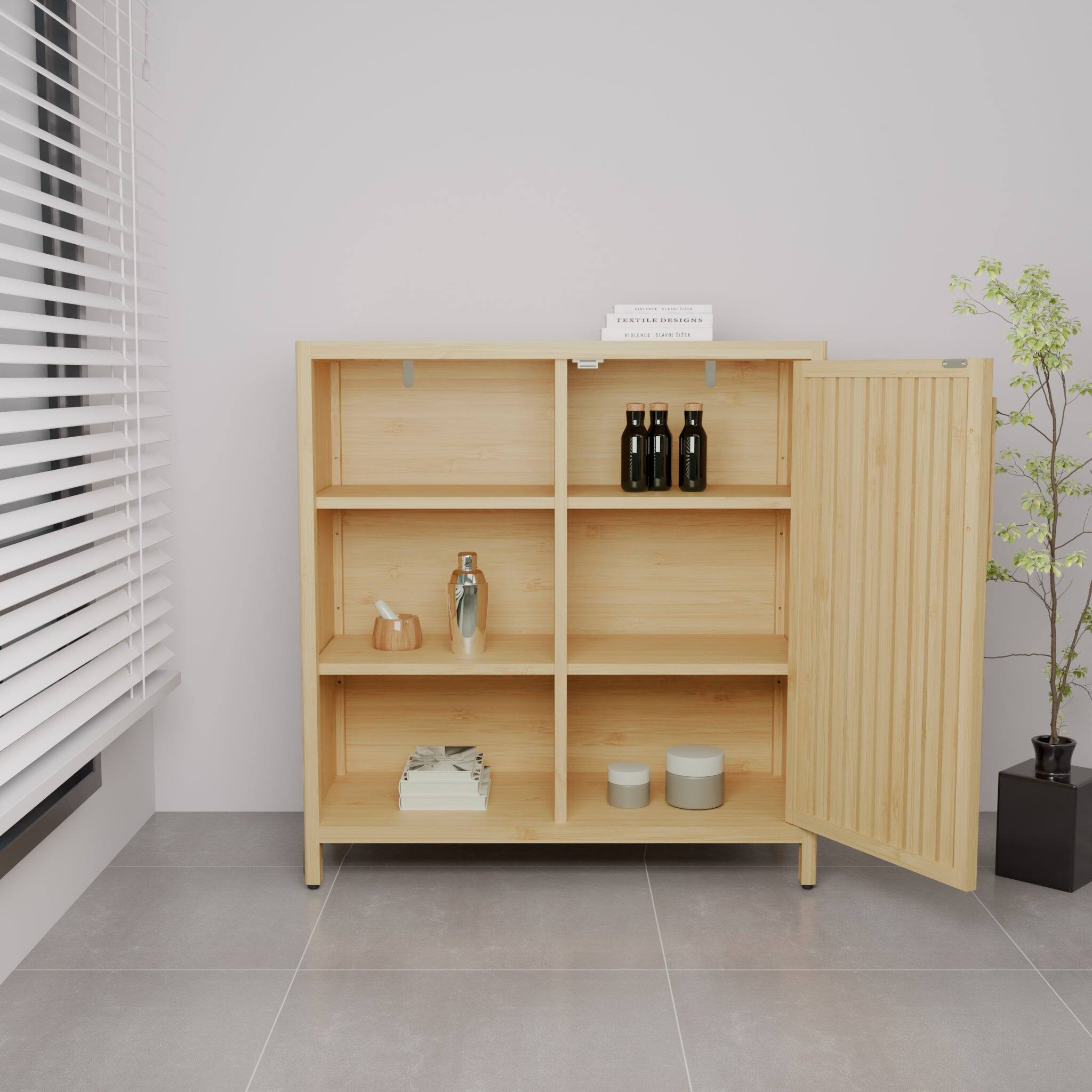 Alt View 3. Boyel Living - Large Capacity Single Door Bamboo Storage Cabinet with Open Shelves Slim Freestanding Organizer - Natural.
