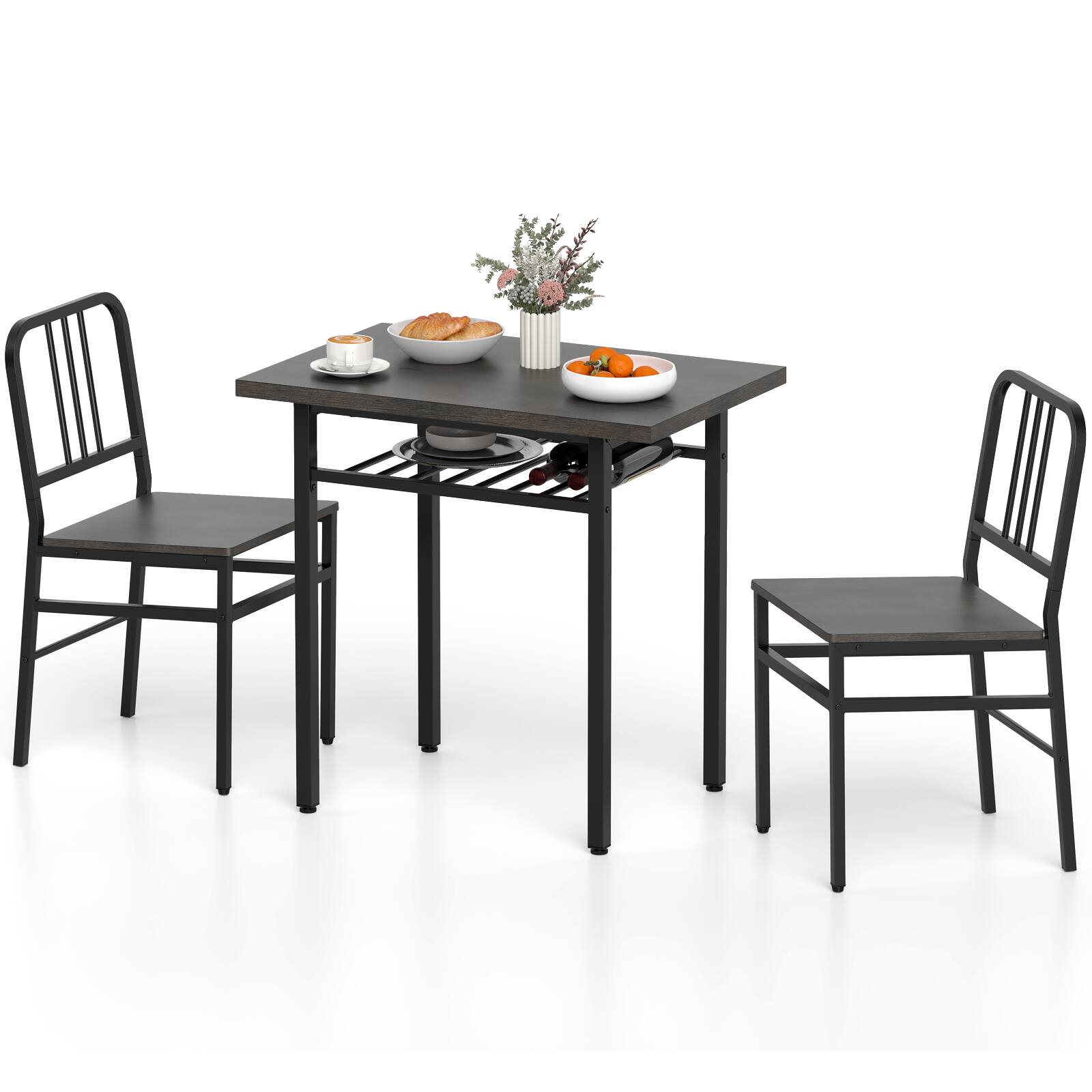 Alt View 8. Gymax - Gymax 3-Piece Rectangular Dining Table&Chairs Set Wooden Breakfast Nook w/Storage Rack Gray & Black - Grey.
