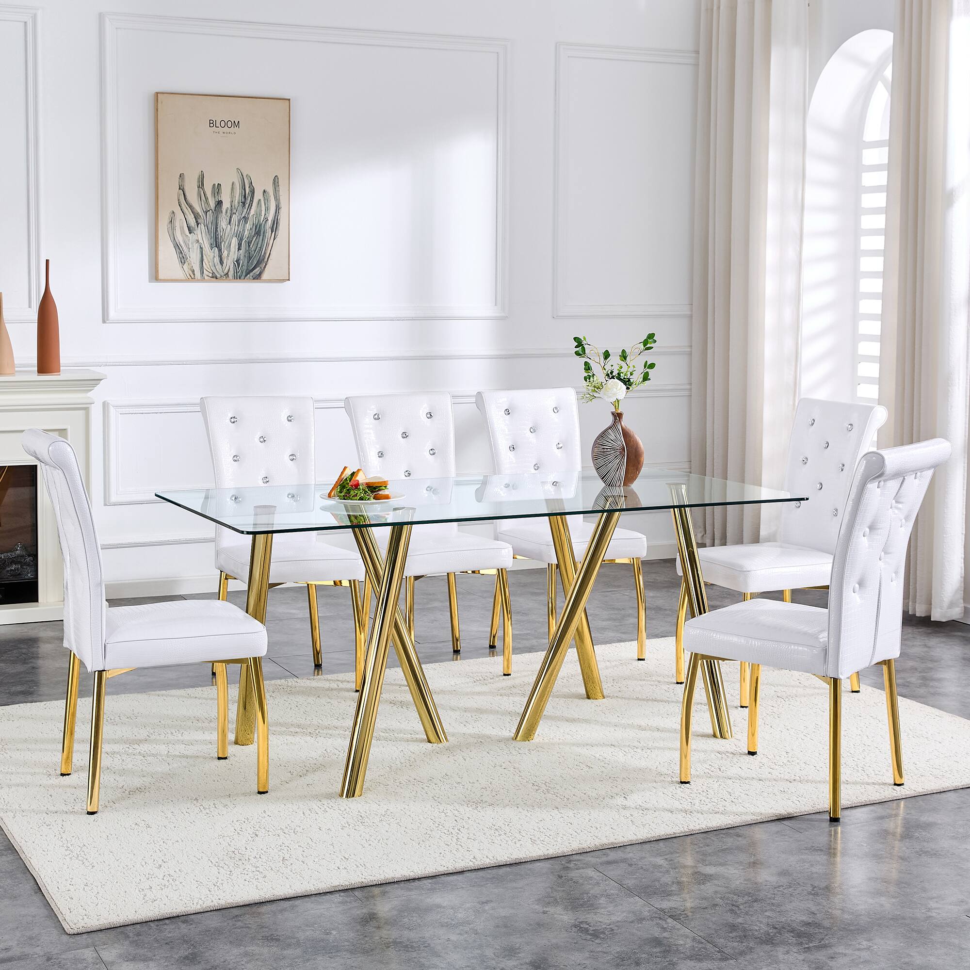 Alt View 4. Loheer - Loheer- 5.9 Ft Modern Tempered Glass Dining Table with Sturdy Metal Legs for Large Family - Gold.