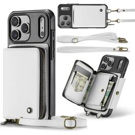 Dteck - Crossbody Zipper Wallet Case for iPhone 17 Pro Max, RFID Blocking PU Leather Card Slots Wrist Strap Lanyard Cover - White
