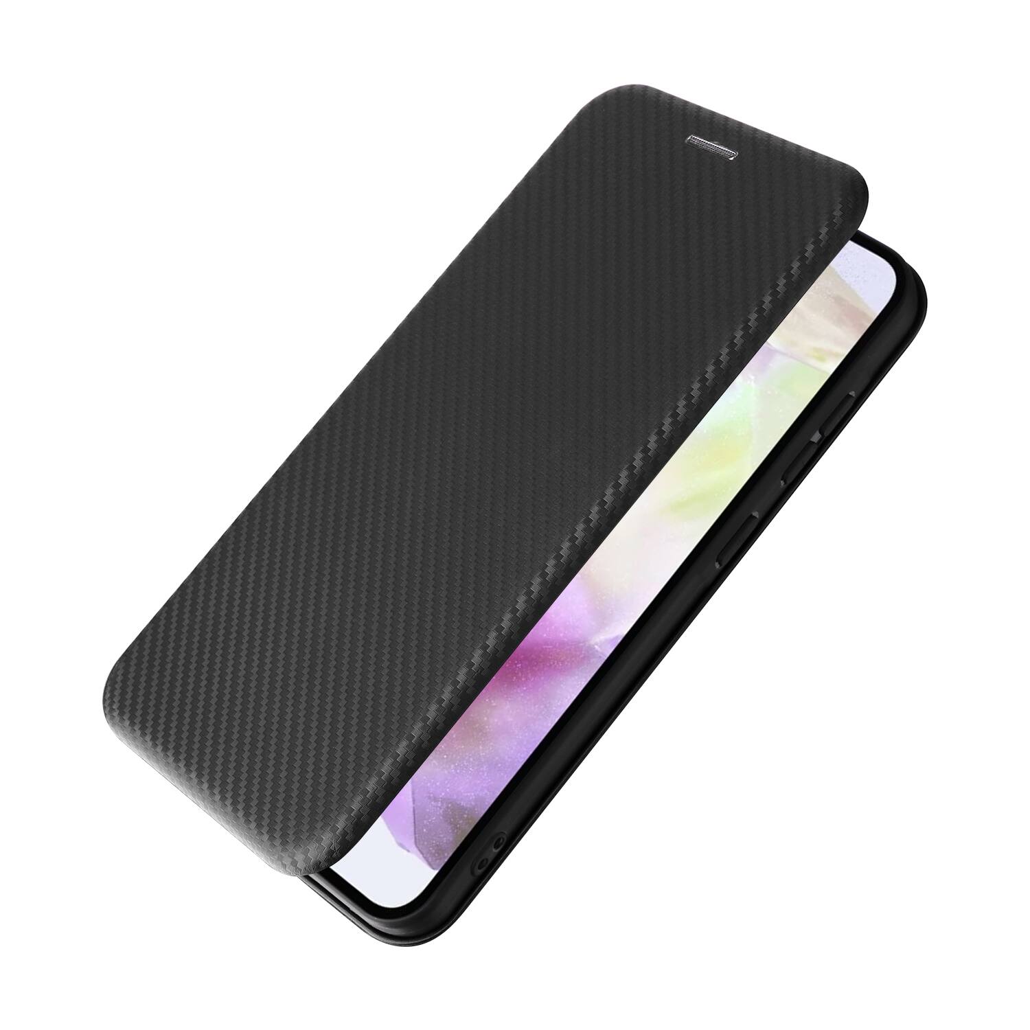 Back. Dteck - Carbon Fiber Texture Folio Phone Case for Samsung Galaxy A36 5G,PU Leather Magnetic Closure Hidden Card Slot Flip Cover - Black.