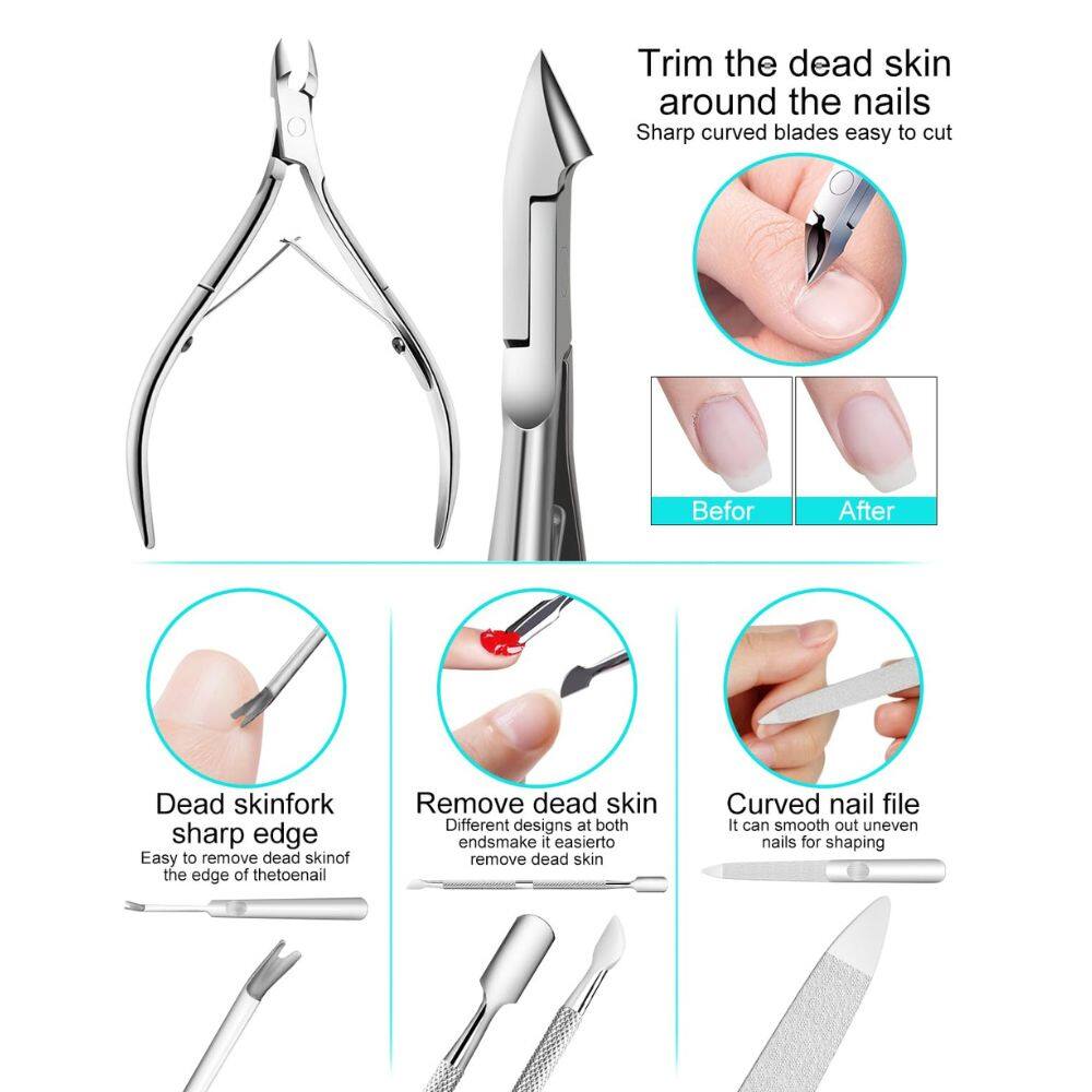 Trim the dead skin around the nails  
Sharp curved blades easy to cut  

Before  
After  

Dead skin fork sharp edge  
Easy to remove dead skin off the edge of the toenail  

Remove dead skin  
Different designs at both ends make it easier to remove dead skin  

Curved nail file  
It can smooth out uneven nails for shaping