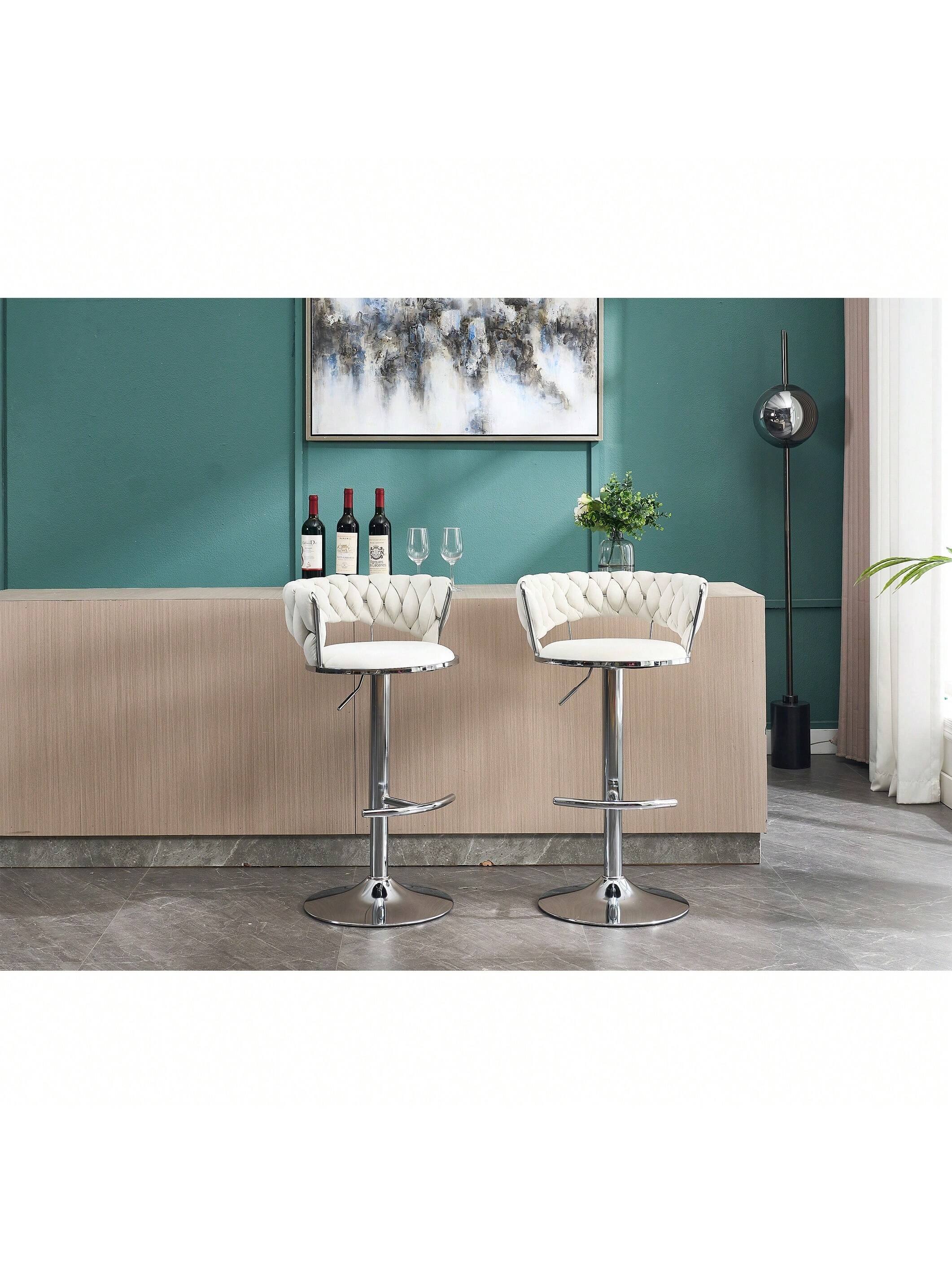 Angle. Trinkets Crazed - Velvet Bar Stools Set Of 2, Modern Swivel Barstools With Woven Backrest, Adjustable Counter Stools - Cream.
