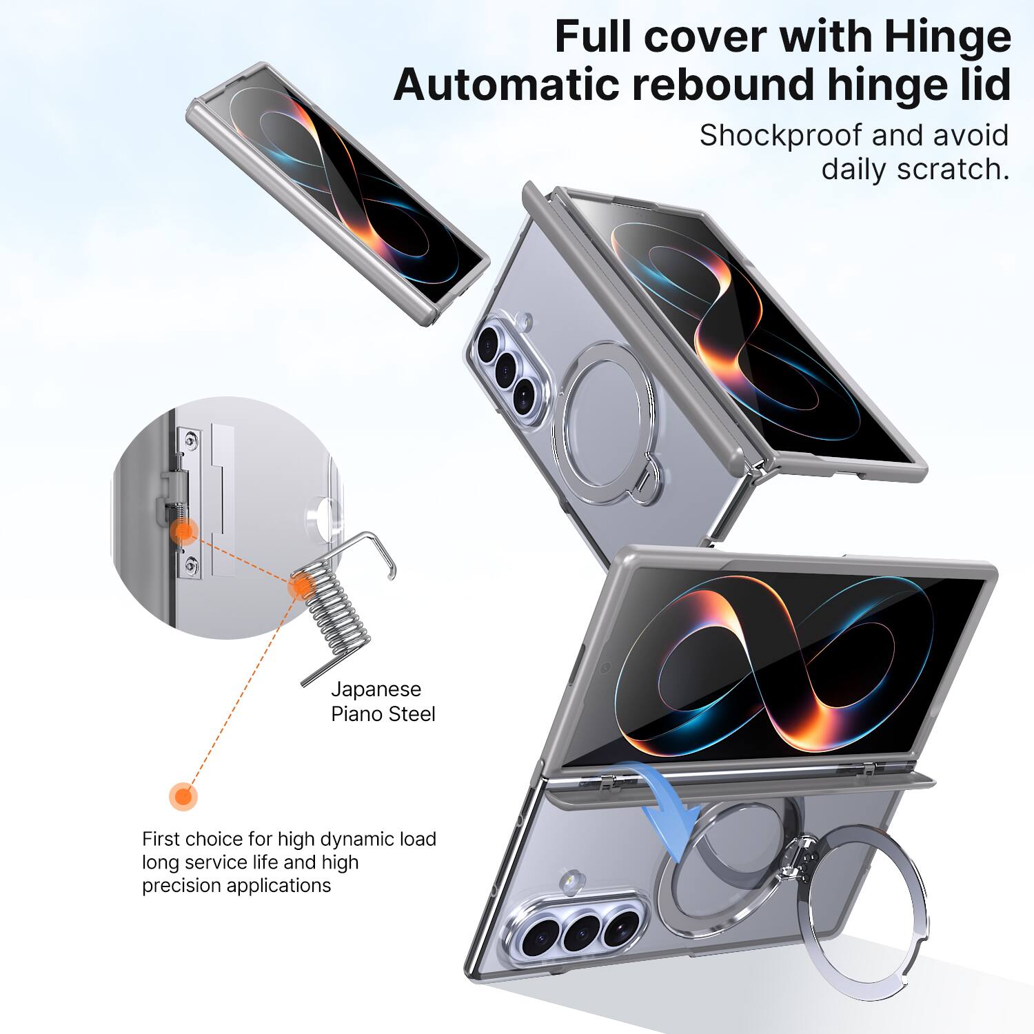 Full cover with Hinge Automatic rebound hinge lid  
Shockproof and avoid daily scratch.  
Japanese Piano Steel  
First choice for high dynamic load long service life and high precision applications
