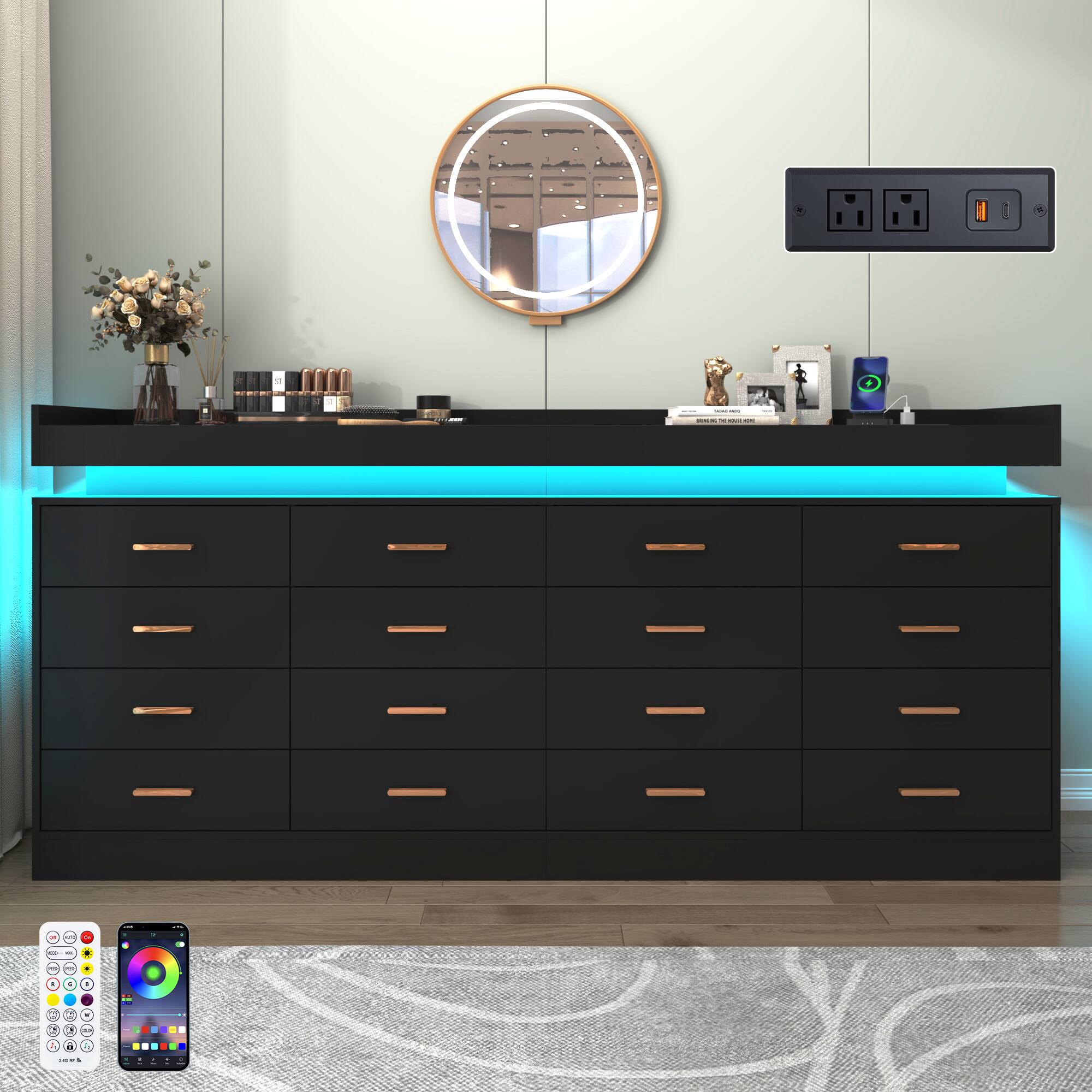 Angle. Espafurni - 16 - Drawer Dresser with LED Light & Charging Station - Modern Chest for Bedroom, Living Room, Entryway & Hallway - Black.