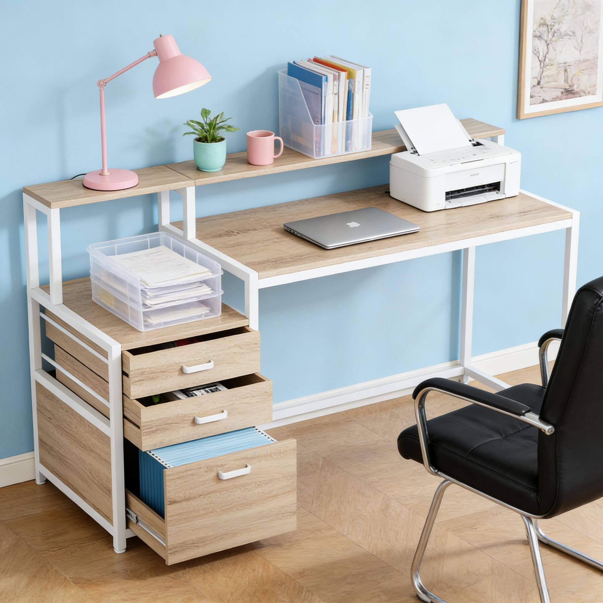 Alt View 1. Forest'nSky - Writing Desk with Drawers & Storage for Office, Study & Gaming,Natural - Natural.