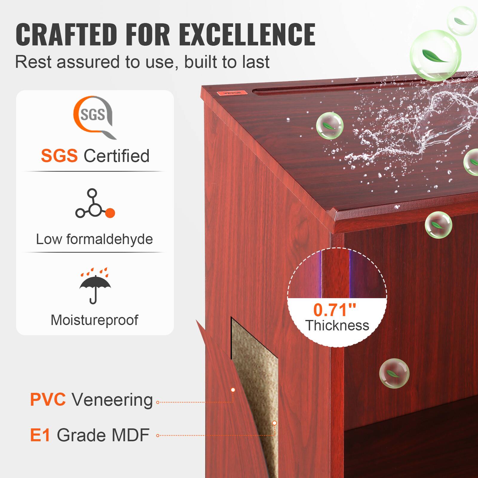 CRAFTED FOR EXCELLENCE
Rest assured to use, built to last
SGS Certified
Low formaldehyde
Moistureproof
0.71" Thickness
PVC Veneering
E1 Grade MDF