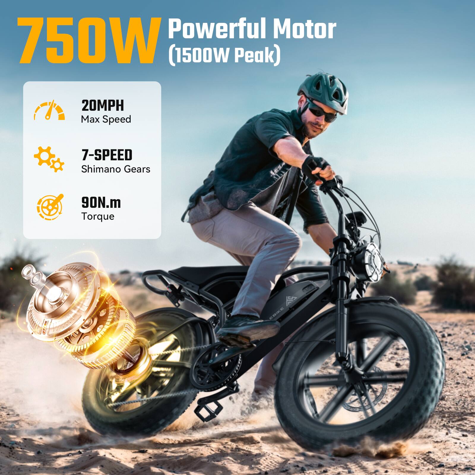 Powerful Motor 750W (1500W Peak)  
20MPH Max Speed  
7-SPEED Shimano Gears  
90N.m Torque