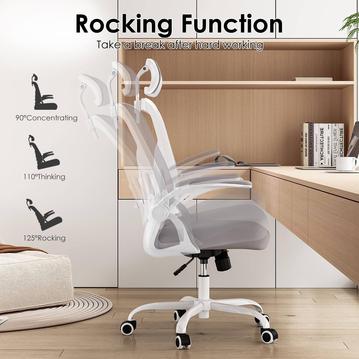 Rocking Function  
Take a break after hard working  

90° Concentrating  
110° Thinking  
125° Rocking
