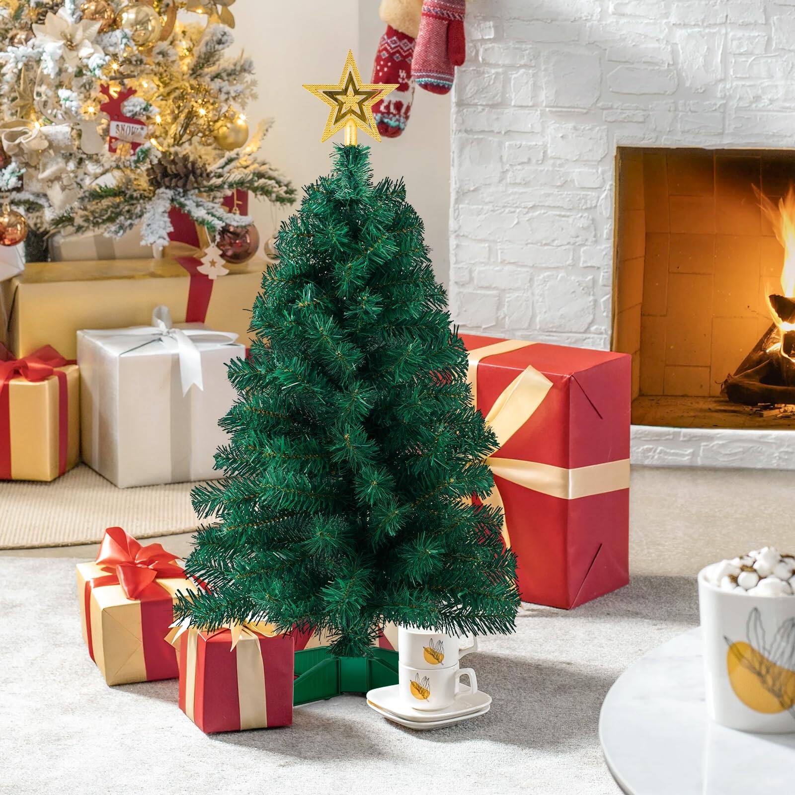 Angle. Stylel Star - 3ft Artificial Christmas Tree with Gold Tree Topper Star, Mini Xmas Pine Tree with 4-Leg Stable Plastic Base,... - Default.