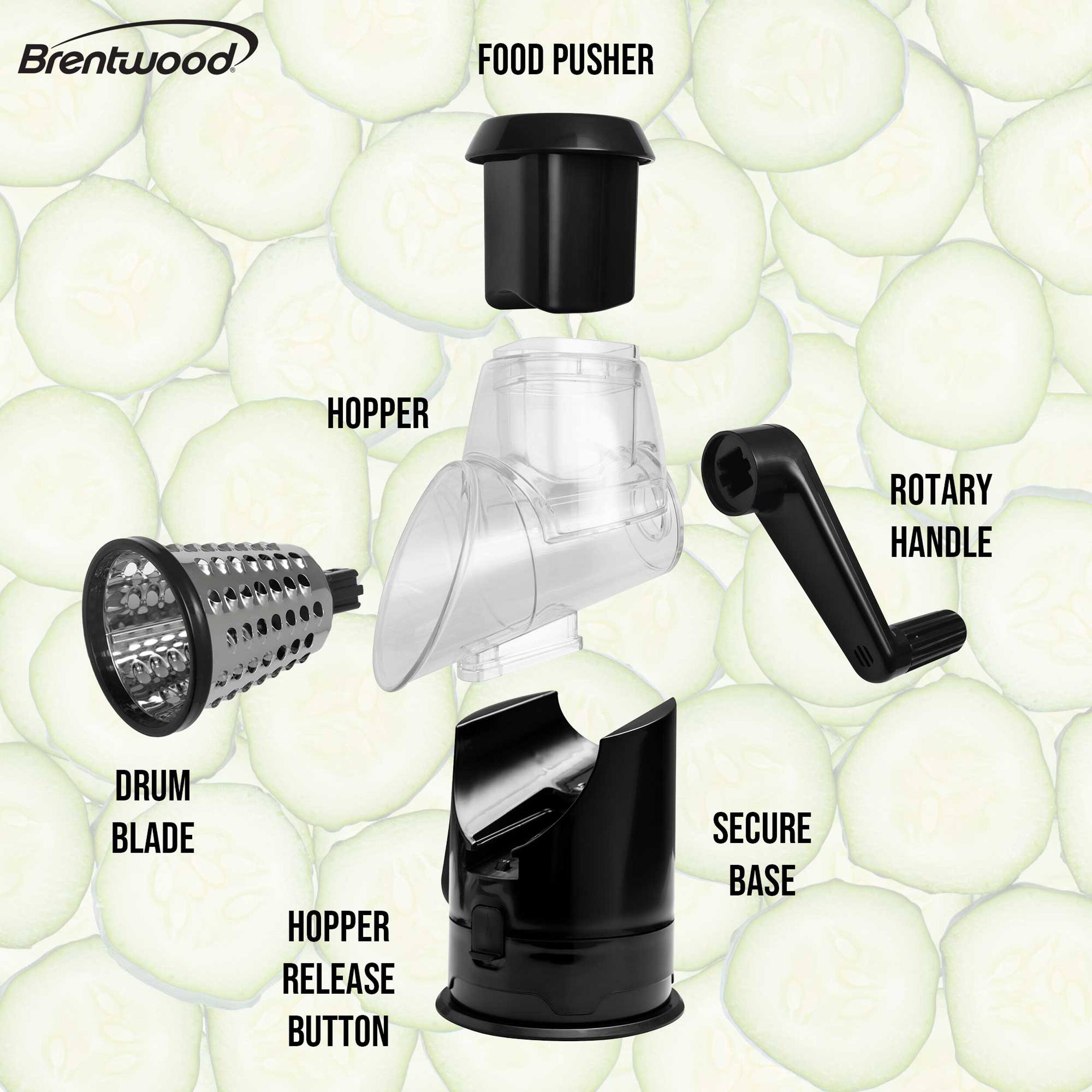 Brentwood. FOOD PUSHER HOPPER ROTARY HANDLE DRUM BLADE HOPPER RELEASE BUTTON SECURE BASE