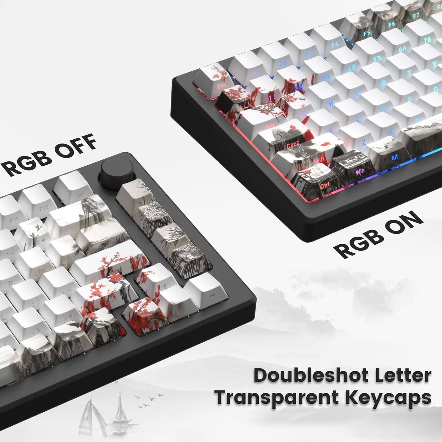 OFF RGB Del F12 F11 ESC F1 F7 F6 F5 F4 F3 F2 Y 4S 38 T R E G W 0 Q S A X C Z if Alt Win Ctrl ON RGB Doubleshot Letter Transparent Keycaps