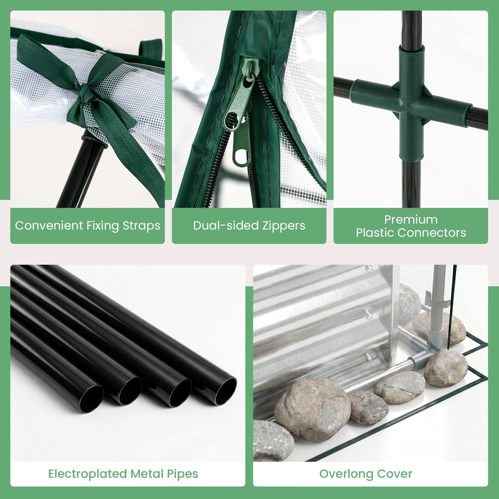 Convenient Fixing Straps  
Dual-sided Zippers  
Premium Plastic Connectors  
Electroplated Metal Pipes  
Overlong Cover