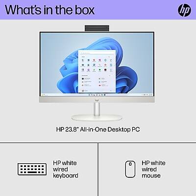 What's in the box:

- HP 23.8" All-in-One Desktop PC
- HP white wired keyboard
- HP white wired mouse