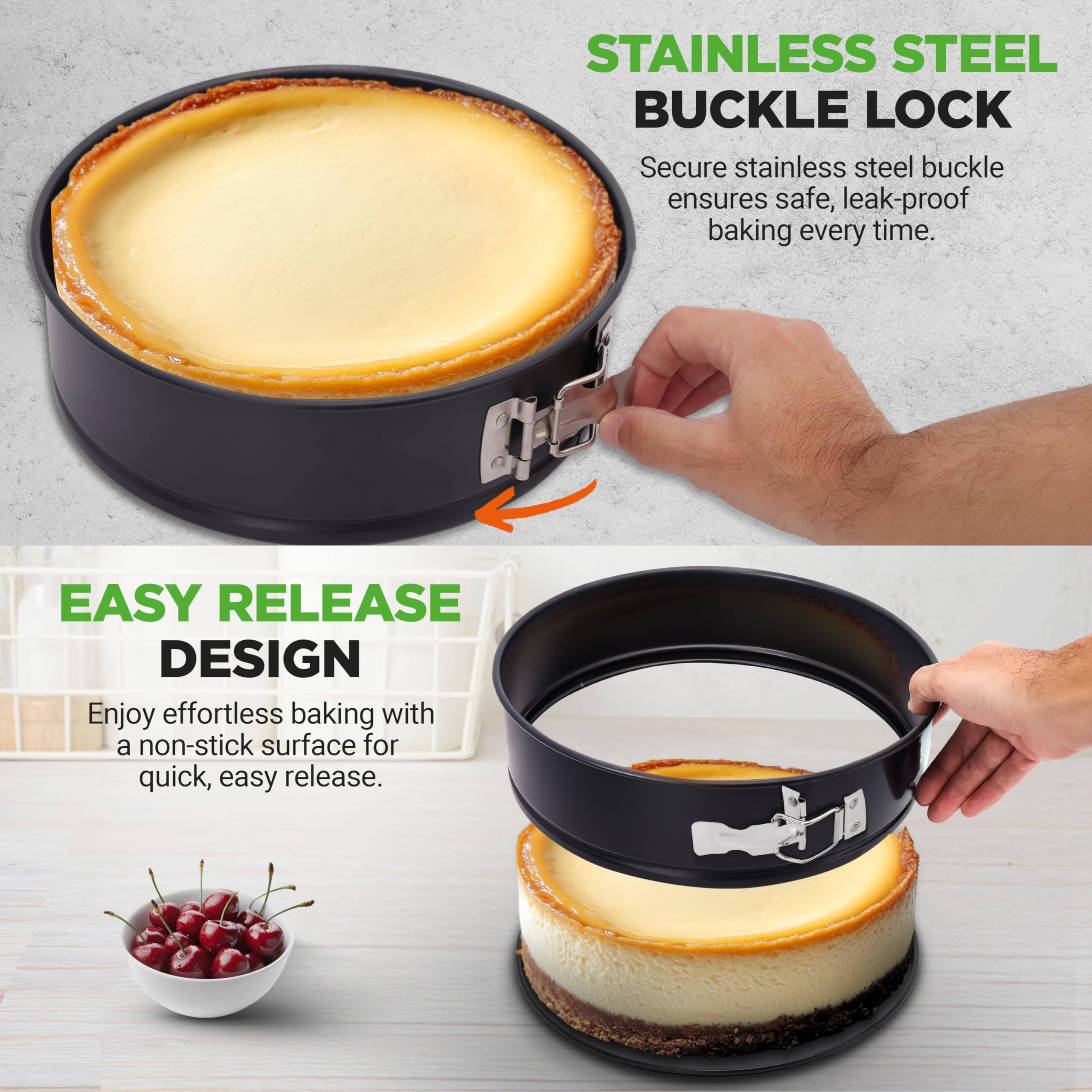 STAINLESS STEEL BUCKLE LOCK  
Secure stainless steel buckle ensures safe, leak-proof baking every time.  

EASY RELEASE DESIGN  
Enjoy effortless baking with a non-stick surface for quick, easy release.