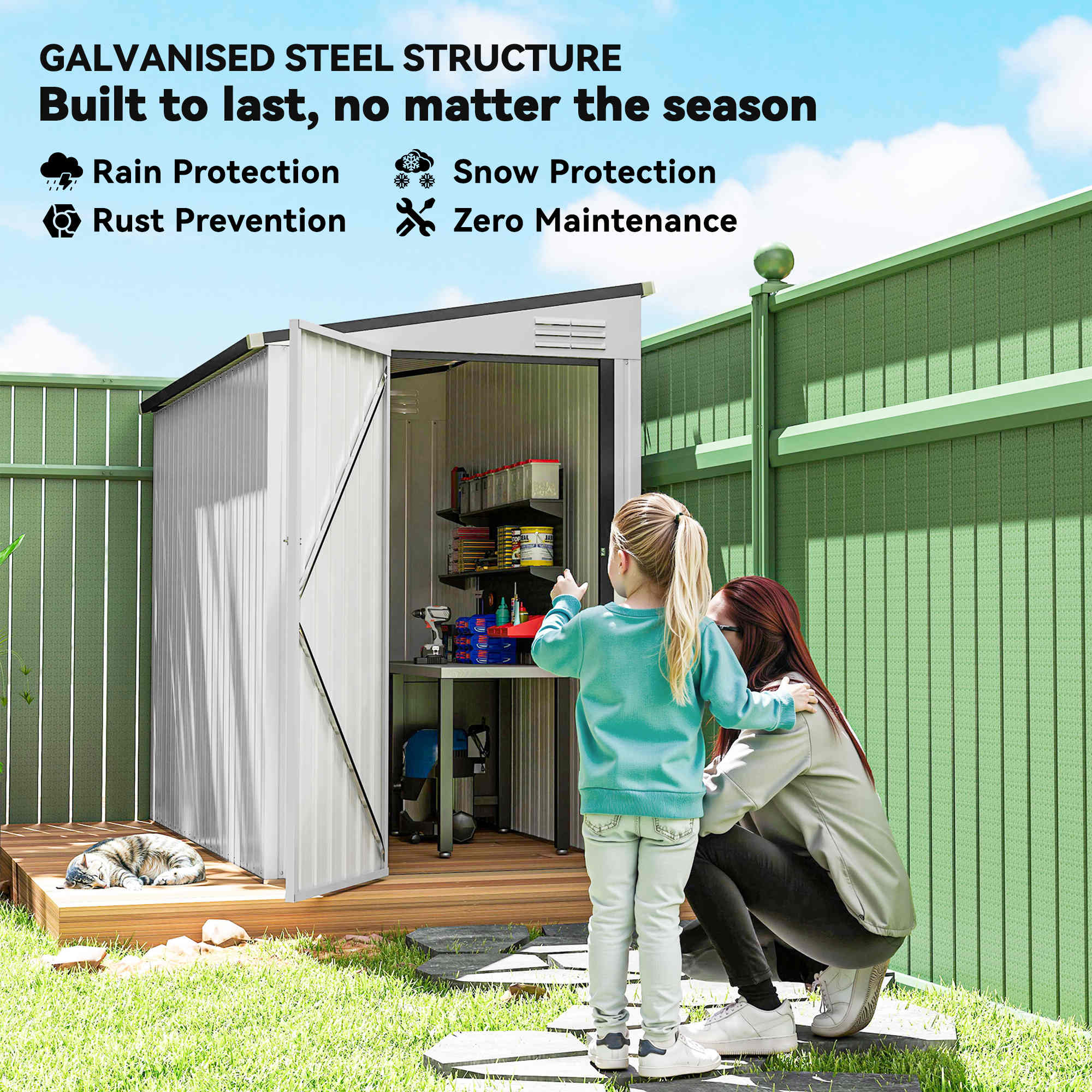 GALVANISED STEEL STRUCTURE  
Built to last, no matter the season  

- Rain Protection  
- Snow Protection  
- Rust Prevention  
- Zero Maintenance