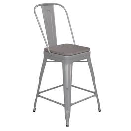 Emma + Oliver - Kam Metal Indoor-Outdoor Stool with Removable Back and All-Weather Polystyrene Seat - Gray Seat/Silver Frame