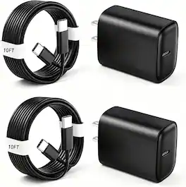 Bundle - Core Tech - 2-Pack 20W USB-C Fast Charger Blocks with 2 10 ft USB-C Cables for iPhone 18/17/16/15 - Black - Black