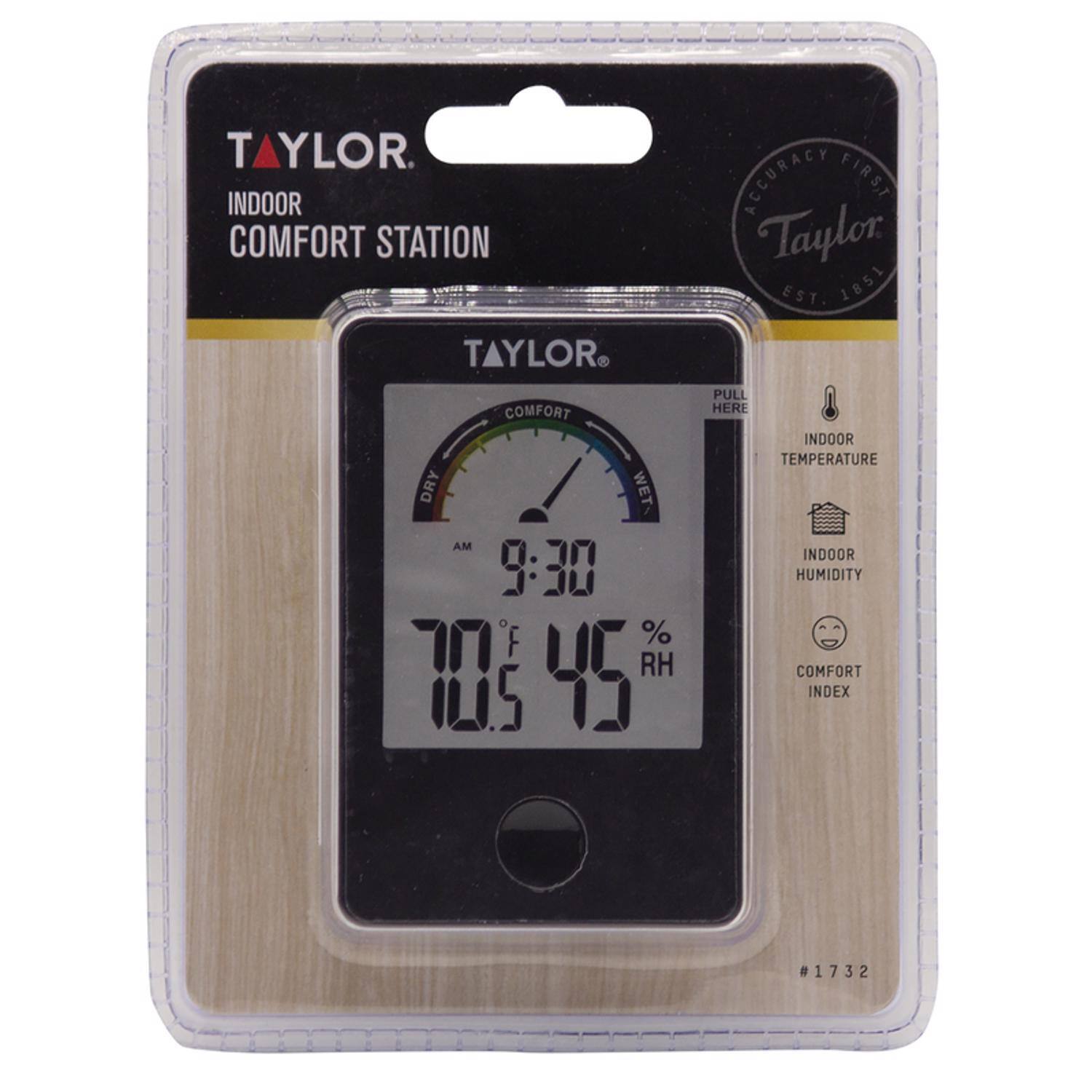 TAYLOR  
INDOOR COMFORT STATION  
TAYLOR COMFORT DRY 1 WET  
AM 9:30  
F 70.5  
RH 45%  
ACCURACY FIRST  
Taylor EST. 1851  
PULL HERE  
INDOOR TEMPERATURE  
INDOOR HUMIDITY  
COMFORT INDEX  
#1732