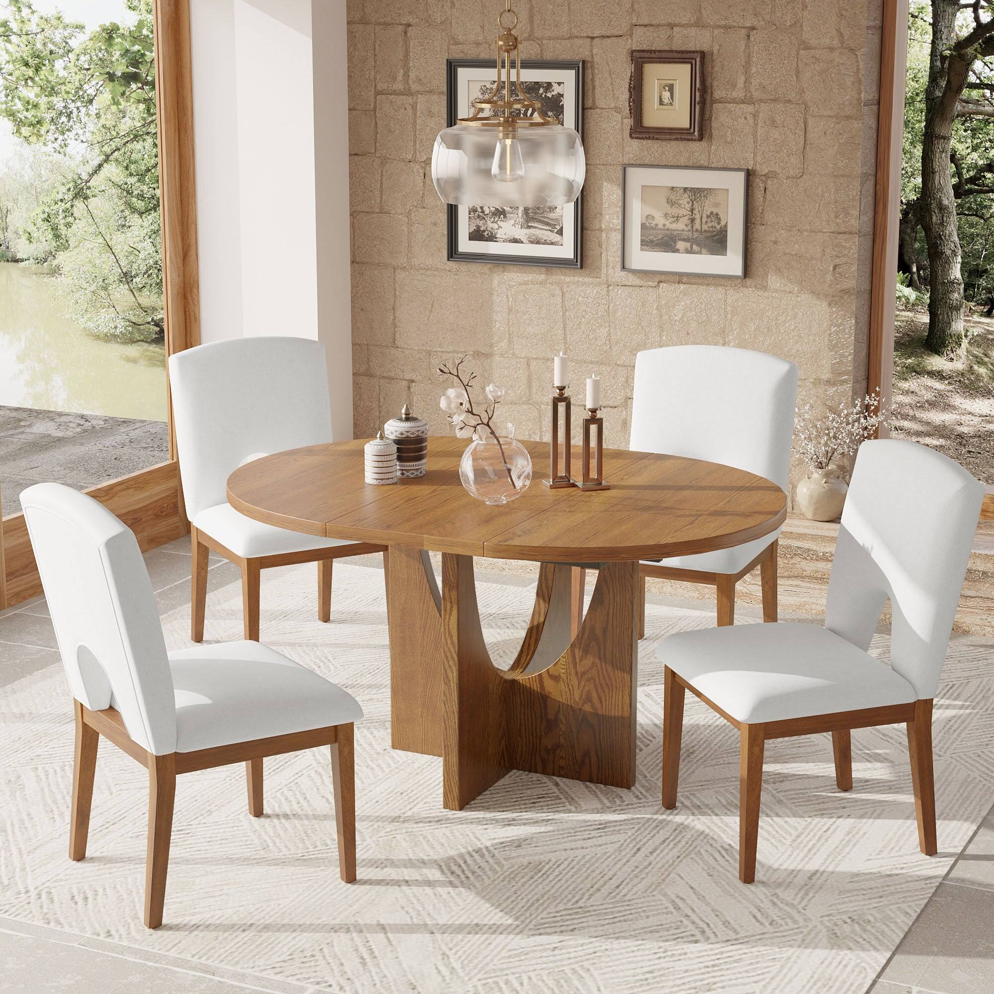 Alt View 1. Boyel Living - 5-Piece Expandable Round Dining Set for Small Spaces with Beige Cushion in Walnut - Walnut+Beige.