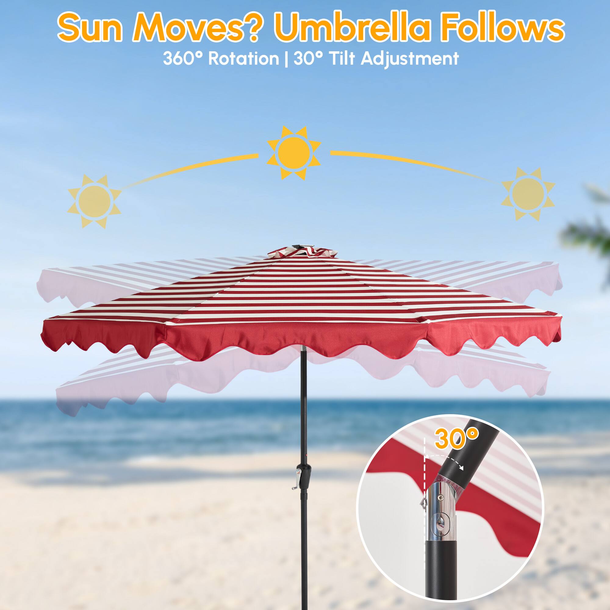Sun Moves? Umbrella Follows  
360° Rotation | 30° Tilt Adjustment