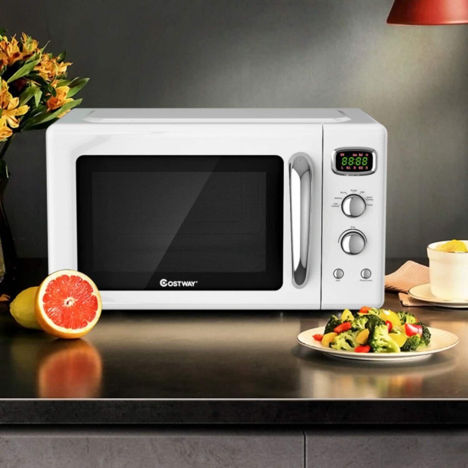 LUCKY ONE - 0.9 Cu.ft Retro Countertop Microwave Oven with 5 Power Levels & Turntable - Compact - White