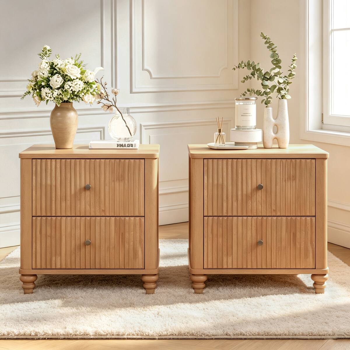 Loheer 2 Piece Fluted Nightstand Set, Wood, Three Drawer Bedroom ...