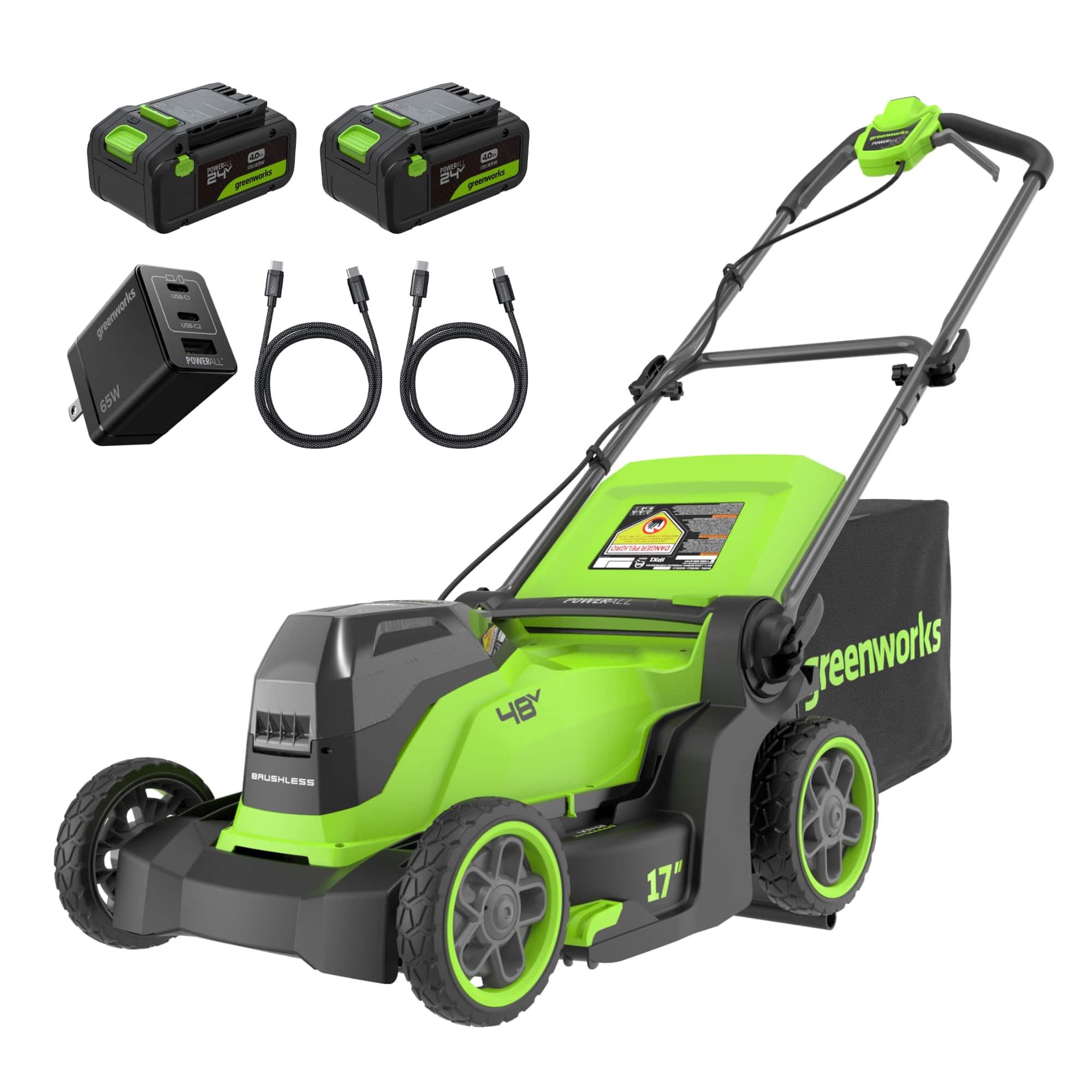 Greenworks - 48V (24V x 2) 17" Brushless Cordless Push Lawn Mower, (2) 4.0Ah Batteries and Dual Port Charger - Green