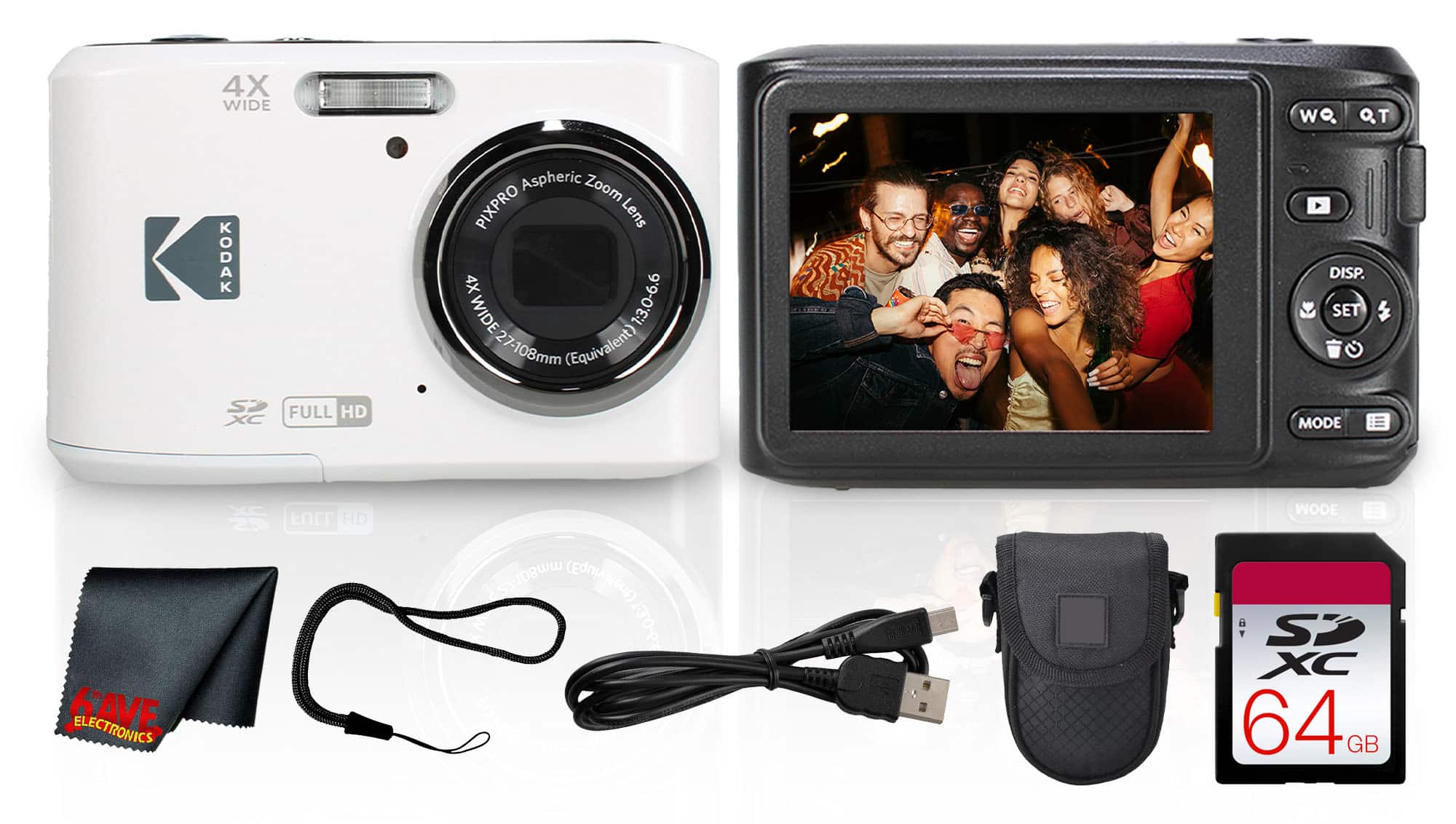 Kodak - PIXPRO FZ45 Digital Camera (White) (FZ45WH) + 64GB Card + Camera Case + Cleaning Cloth
