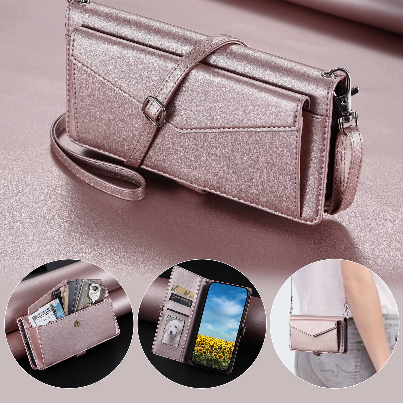 Alt View 2. Dteck - Foilo Wallet Case for Google Pixel 10 /10 Pro,Shockproof Card Holder PU Leather Magnetic Snap Phone Cover with Lanyard - Rosegold.