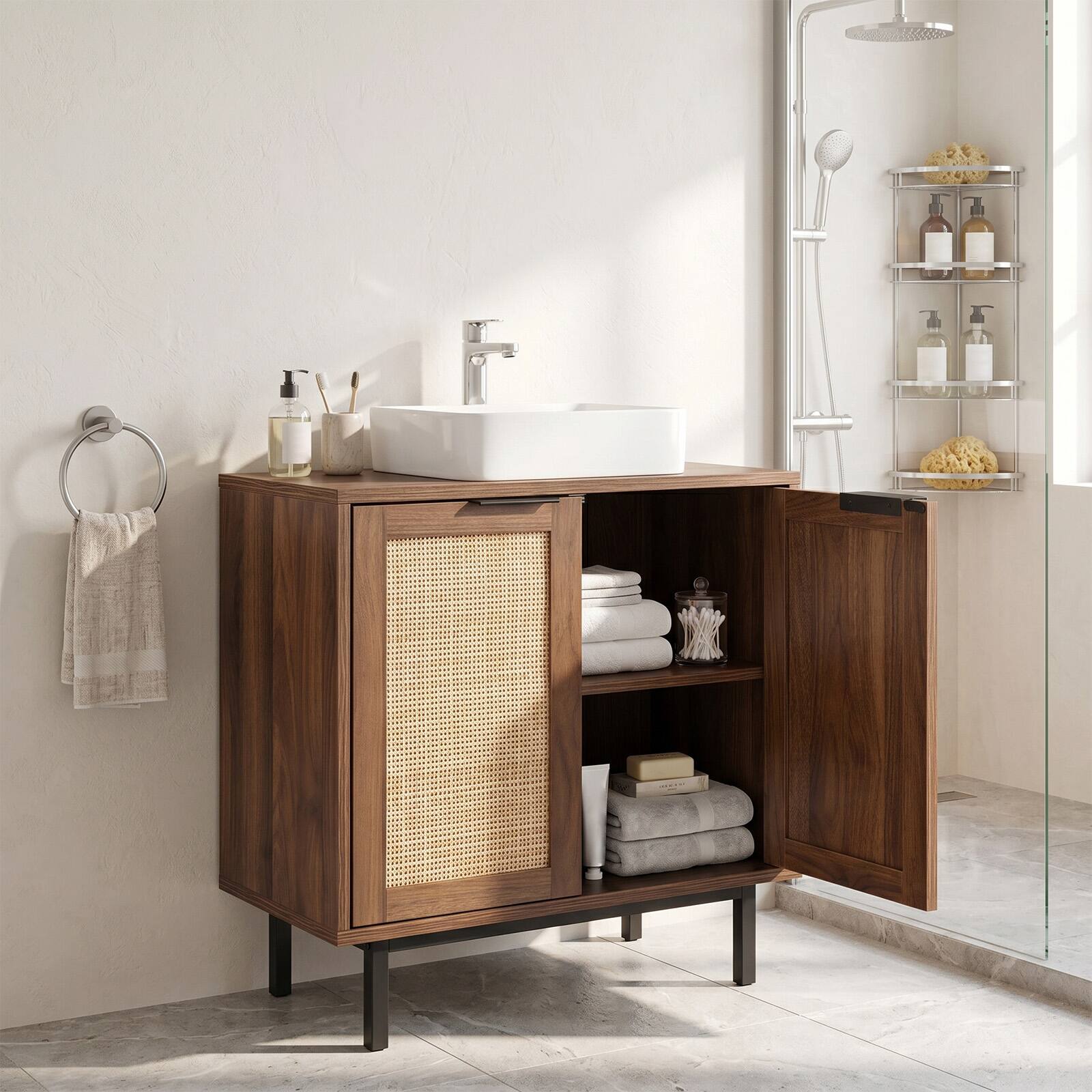 Alt View 3. Costway - Costway Under Sink Storage Cabinet with U-Shaped Cut-Out 2 Rattan Doors & Shelf Metal Legs - Brown.
